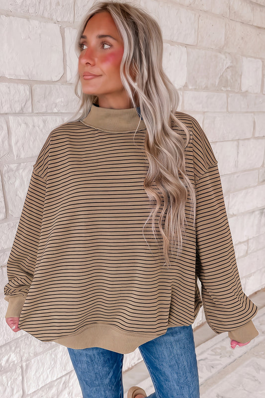 Khaki Stripe Ribbed Color Block Mock Neck Oversized Sweatshirt