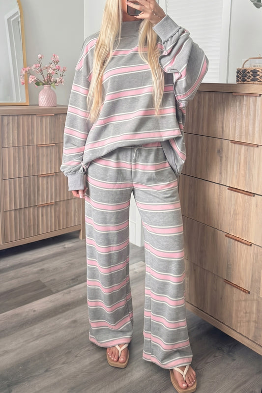 Pink Stripe Mock Neck Long Sleeve Pullover Top and Loose Pants Set