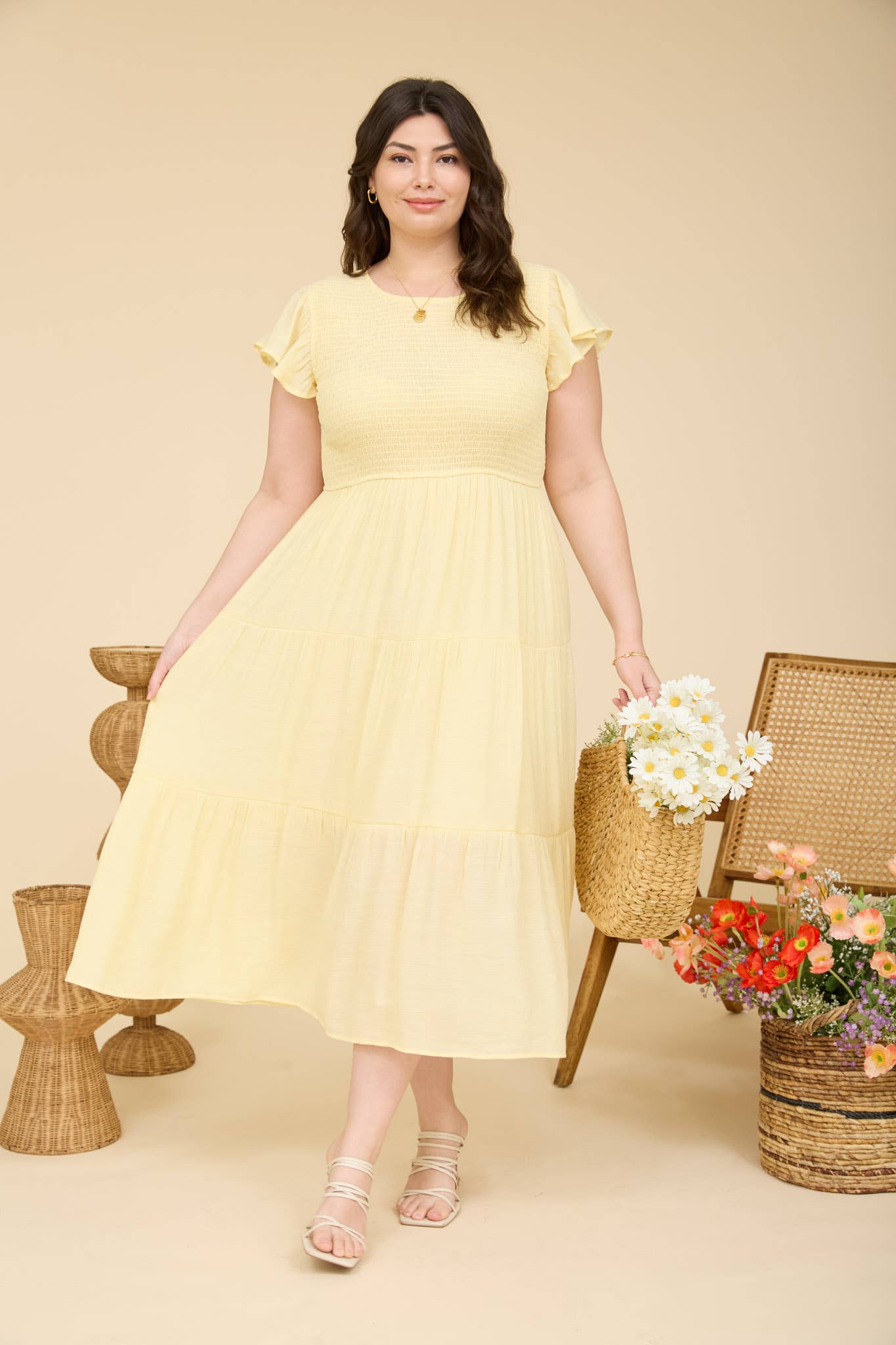 PLUS TIERED SMOCKED SHORT SLEEVE MIDI DRESS