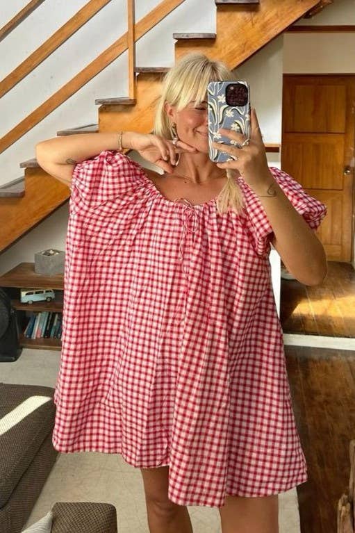 Rose Bloom Floral Red Gingham puff sleeve babydoll dress: Red / L