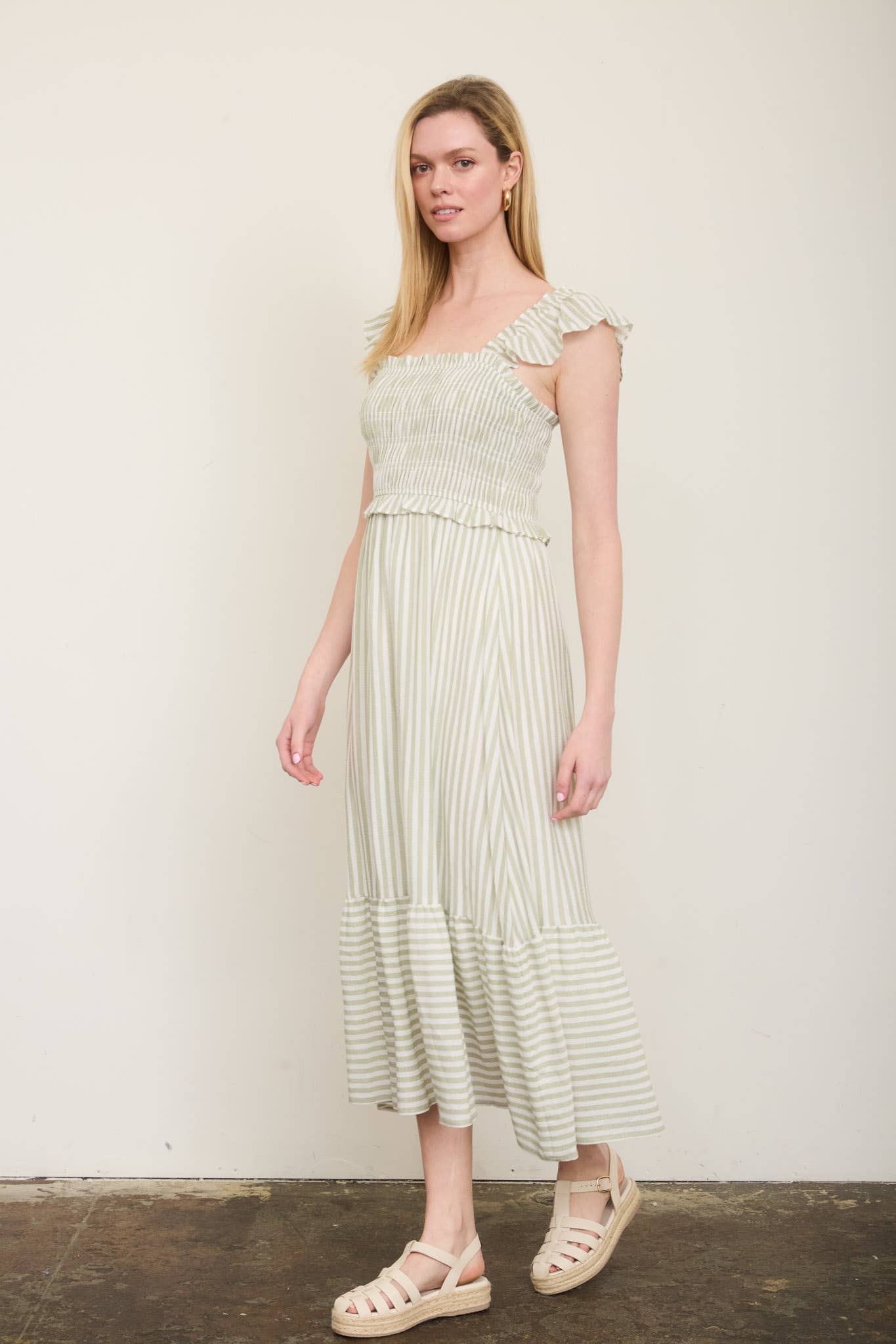 PLUS BLUE AND WHITE STRIPED SMOCKED RUFFLE TRIM MIDI DRESS