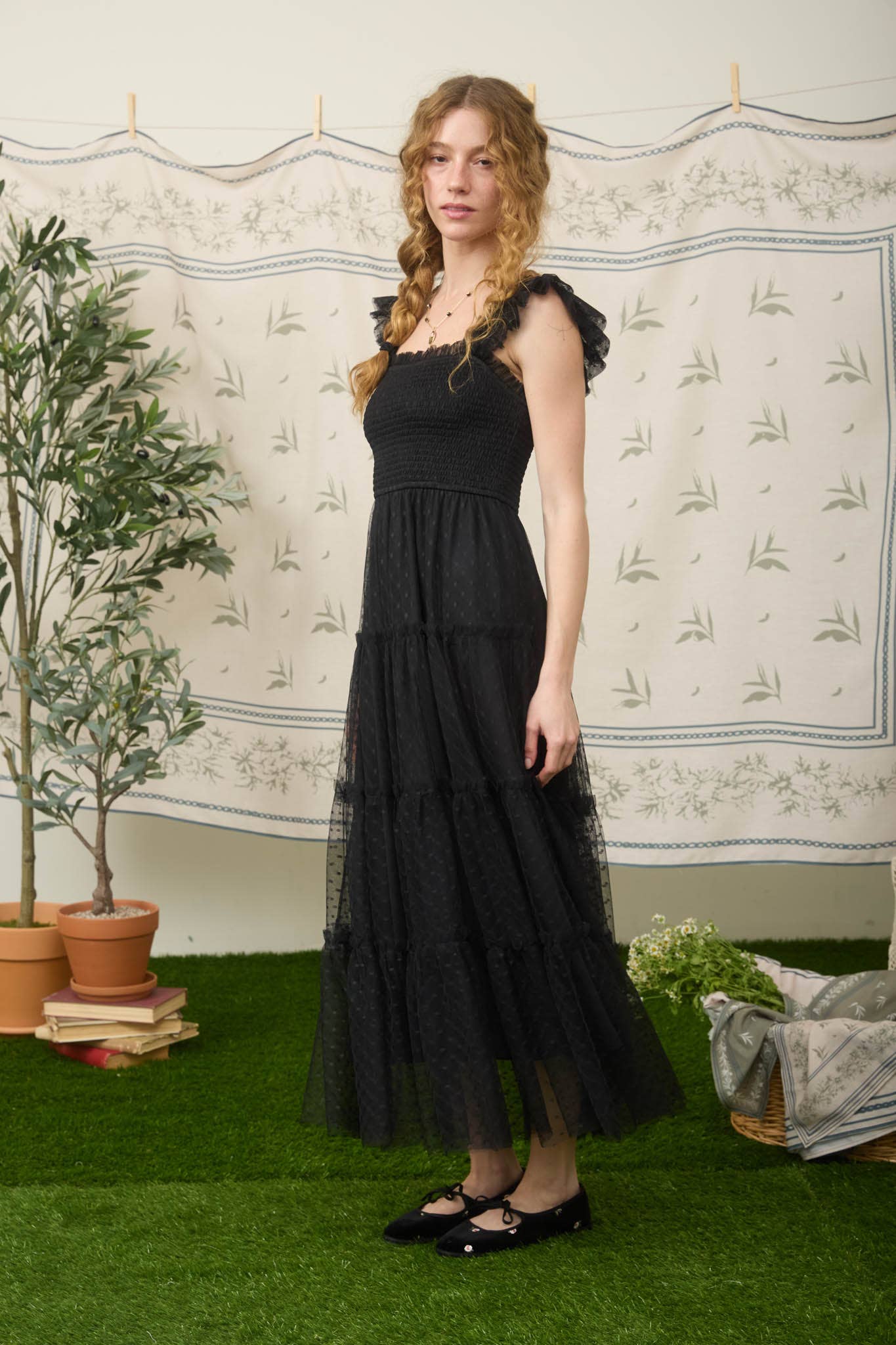 POLKA DOT CHIFFON SMOCKED TIERED MIDI DRESS