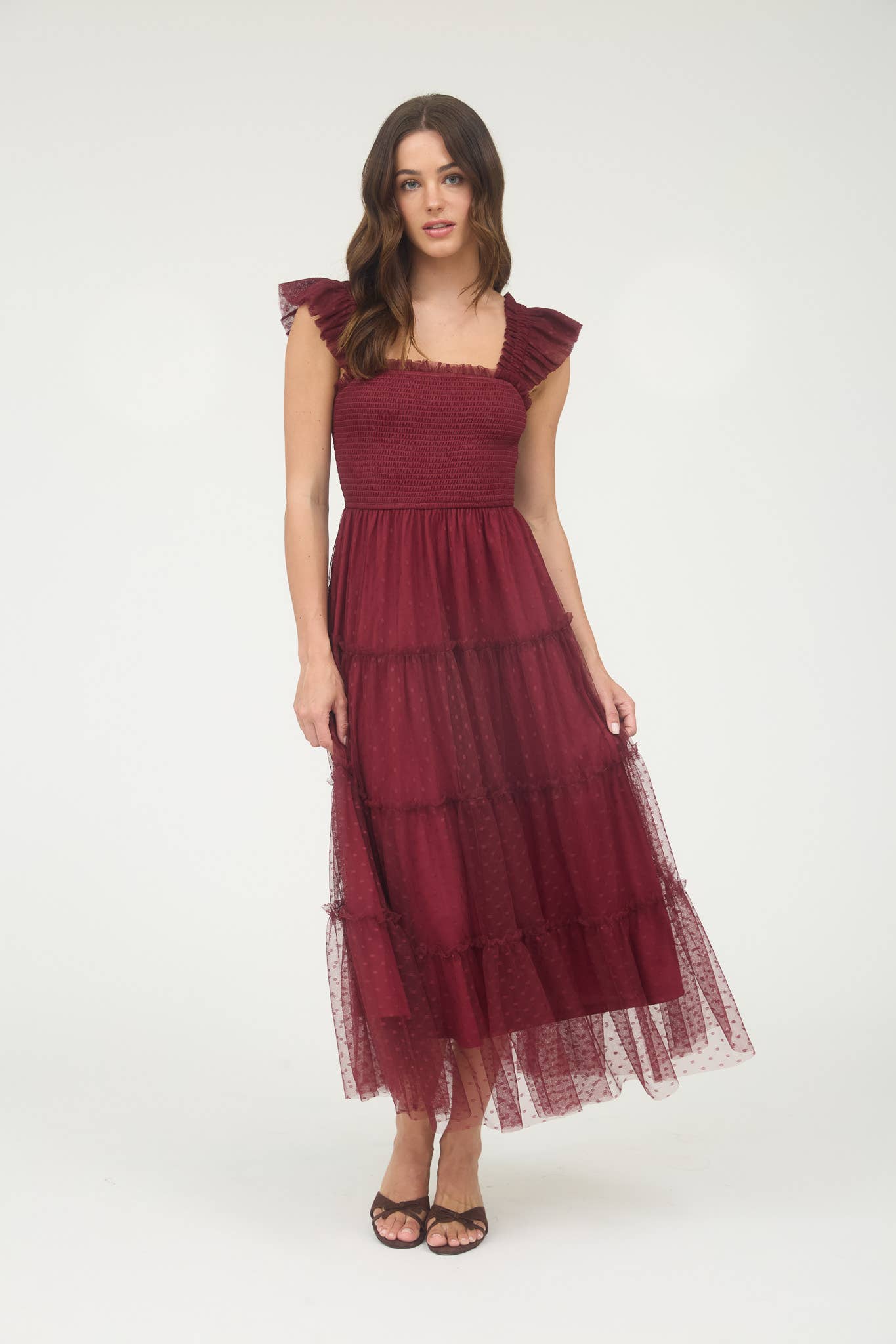 POLKA DOT CHIFFON SMOCKED TIERED MIDI DRESS