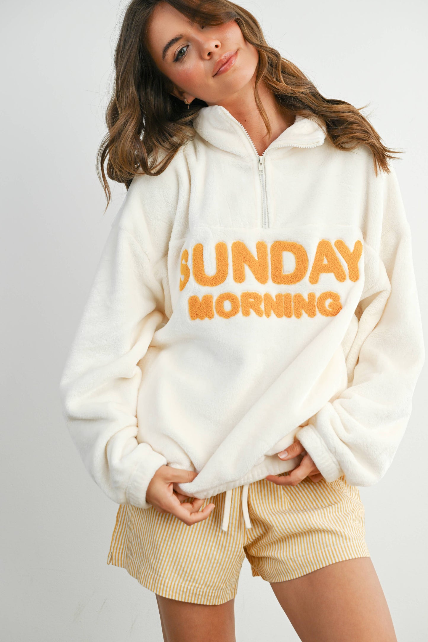 Sunday Morning Half-Zip Pullover Sweatshirt - BMT7579: IVORY / OLIVE / S