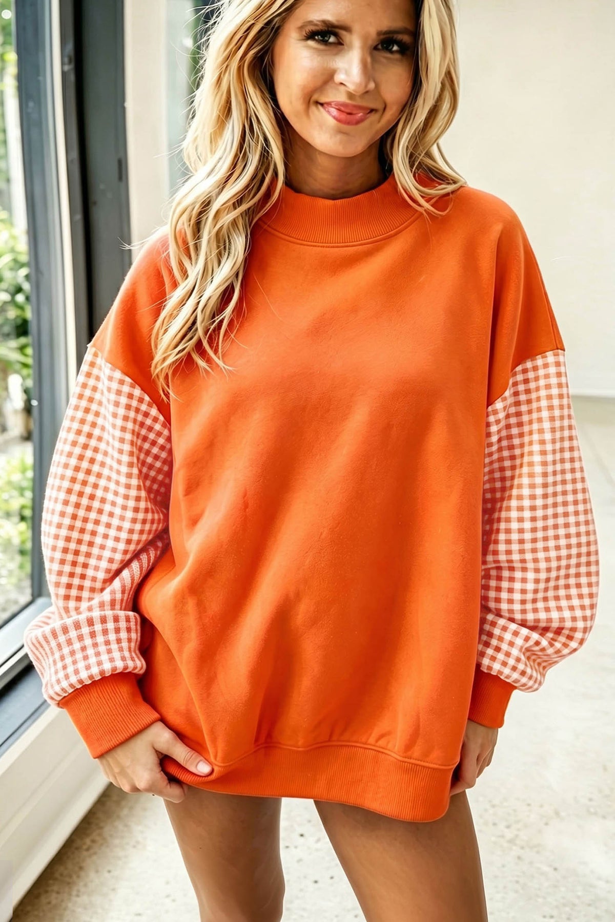 Navy Blue Plaid Sleeve Colorblock Loose Tunic Sweatshirt