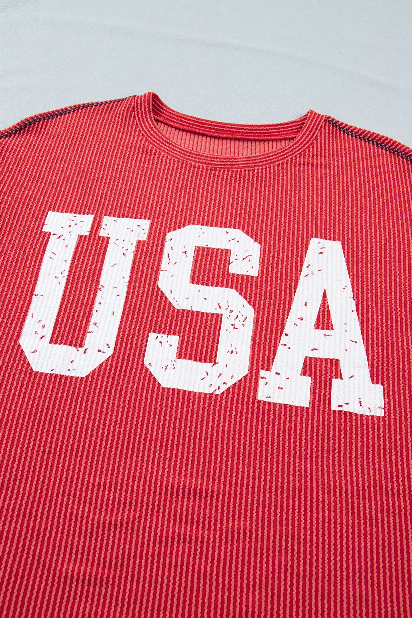 White USA Graphic Half Sleeve Loose Ribbed Top