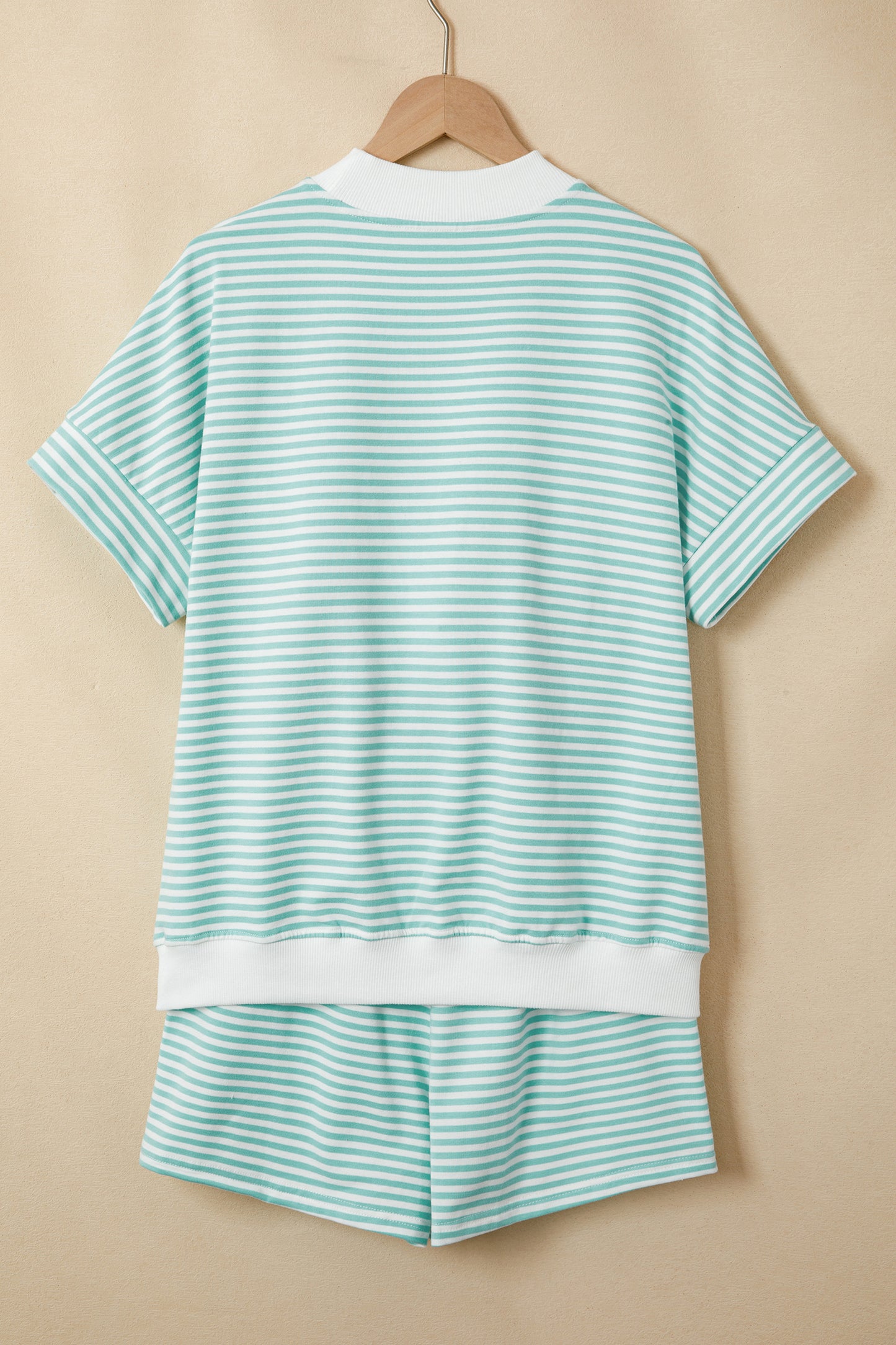 Pink Stripe Cuffed Sleeve Contrast Mock Neck Tee Casual 2pcs Short Set