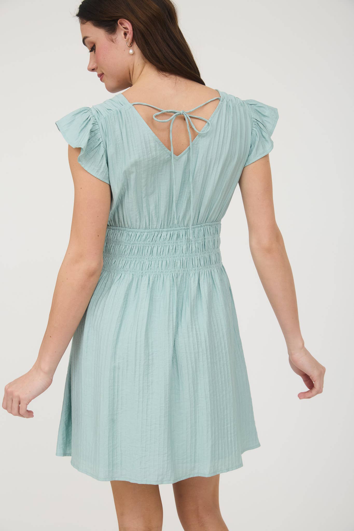 V NECK SHIRRED WAIST RUFFLE SLEEVE MINI DRESS