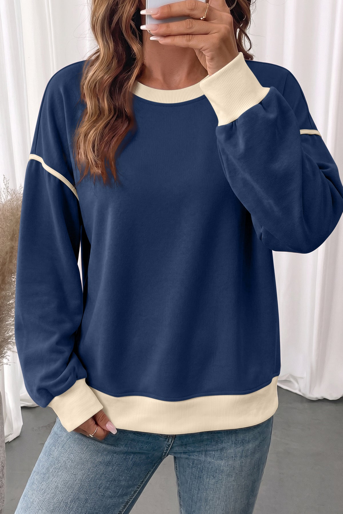 Navy Blue Drop Shoulder Pullover Sweatshirt