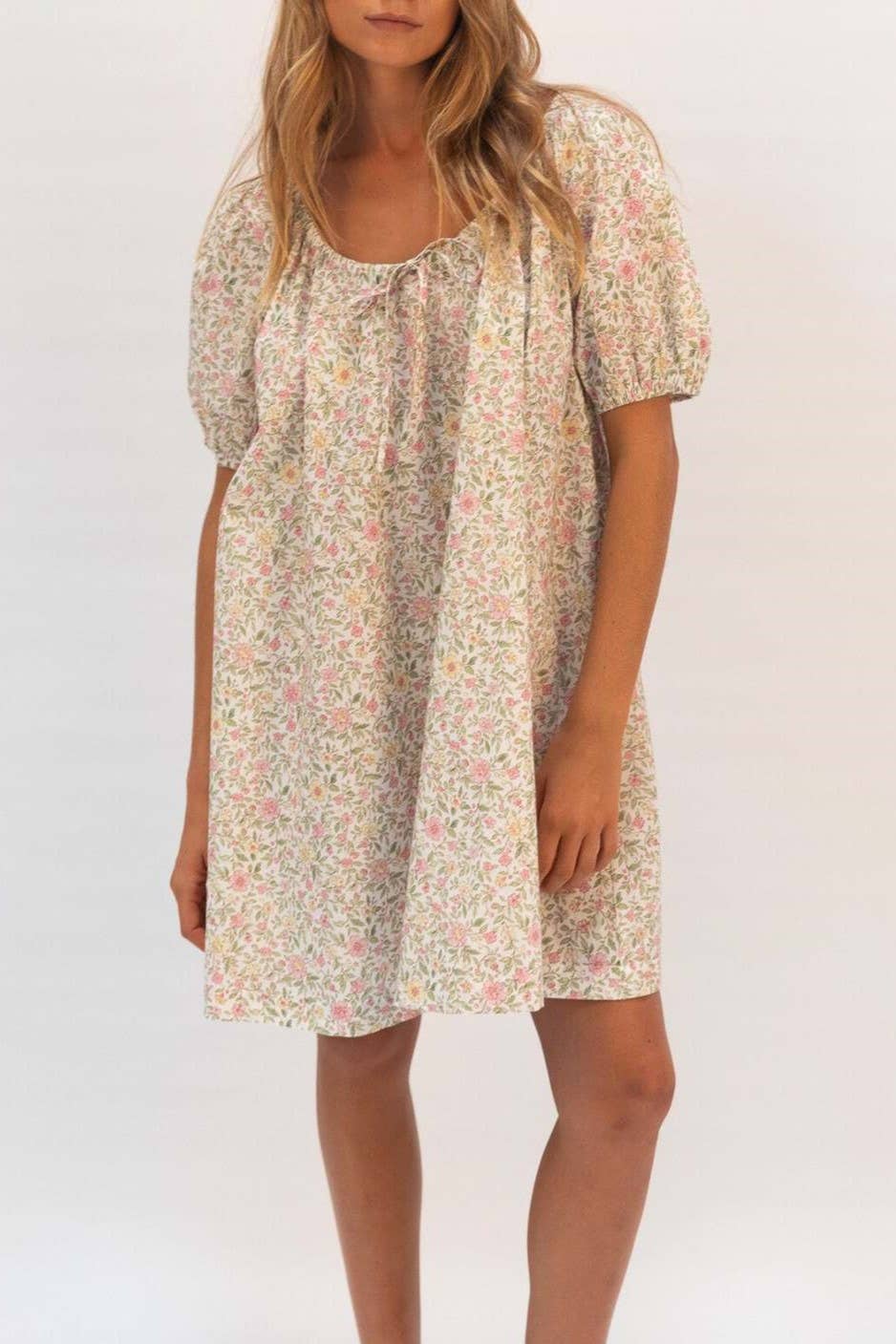 Rose Bloom Floral Red Gingham puff sleeve babydoll dress: Red / L