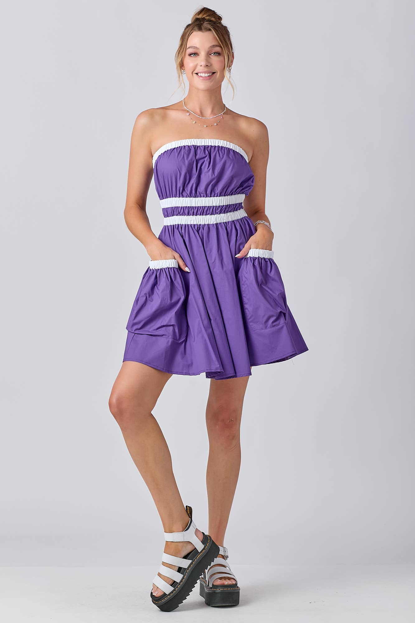 Gameday Contrast Gathered Over Sized Pocket Tube Dress : PURPLE / M