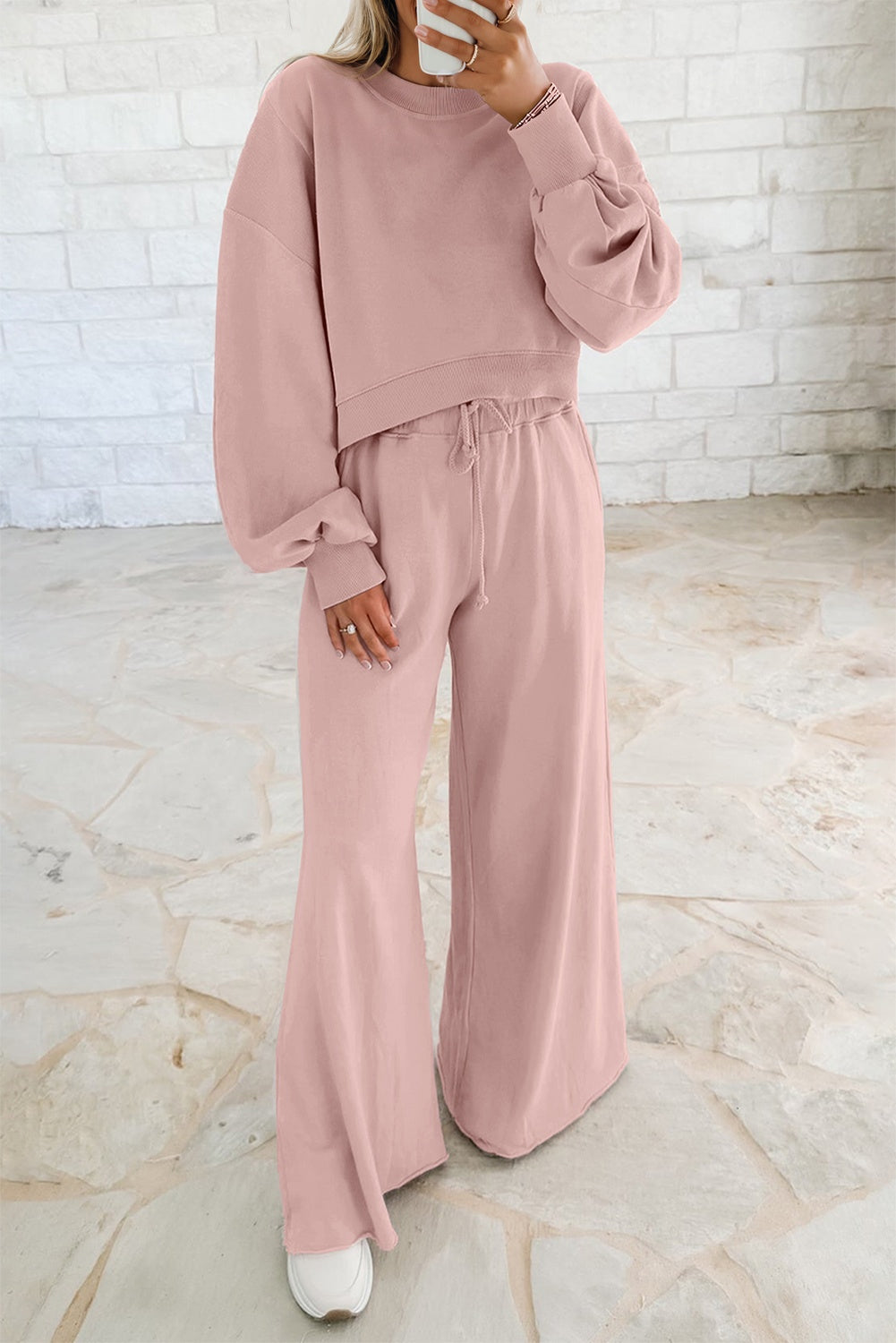 Mist Blue Drop Shoulder Puff Sleeve Crop Pullover Drawstring Wide Leg Pants Set