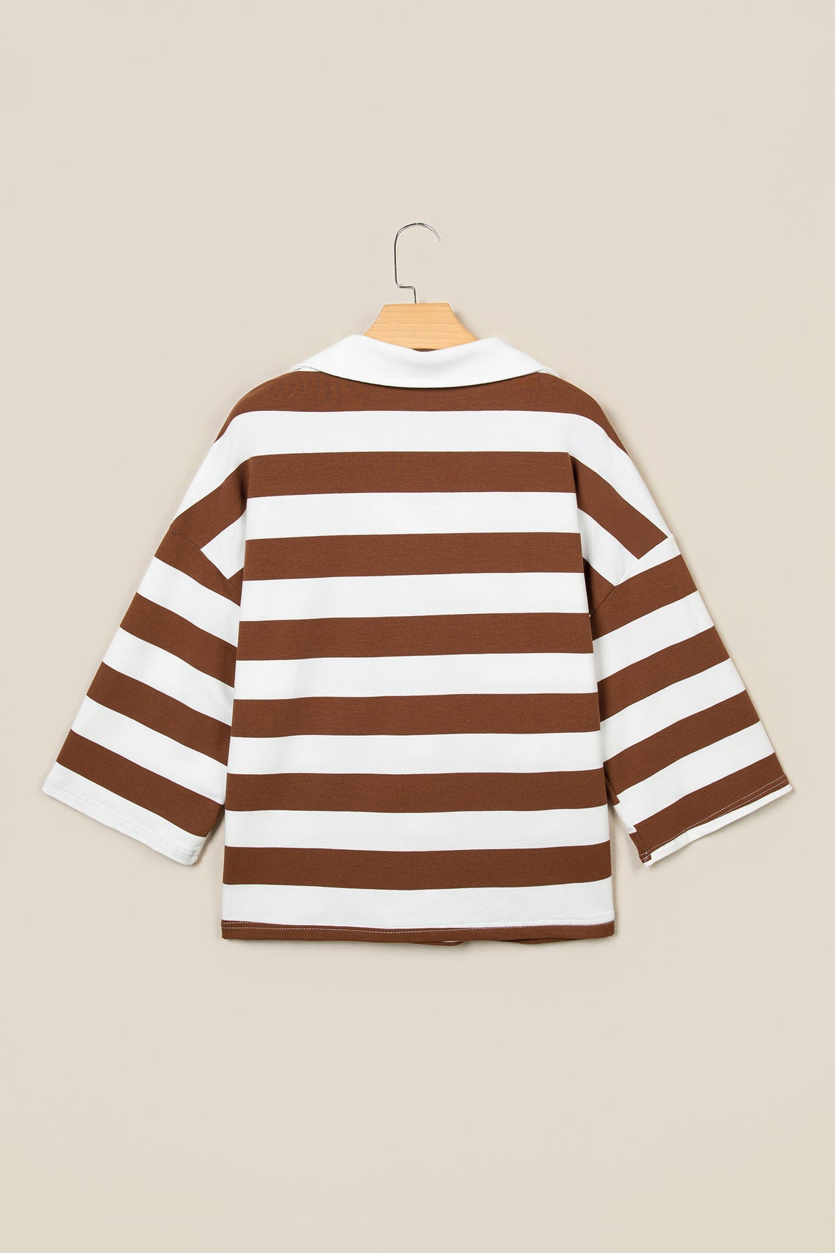 Brown Stripe Contrast Collar 3/4 Sleeve Oversized Casual Top