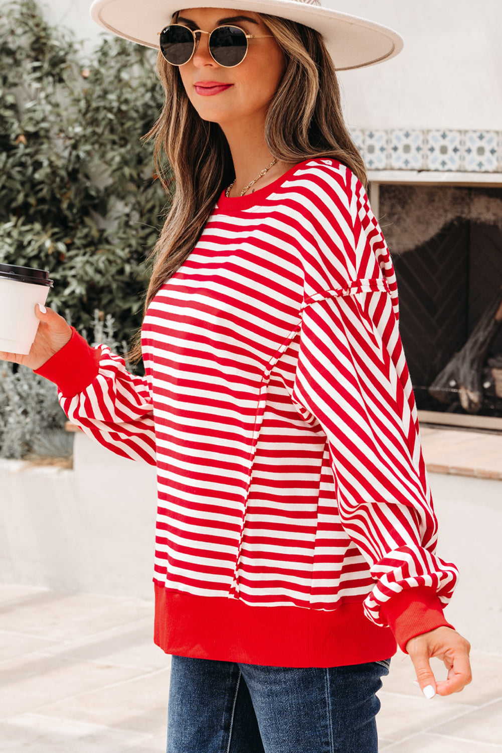 Orange Stripe Exposed Seam Drop Shoulder Casual Pullover Top