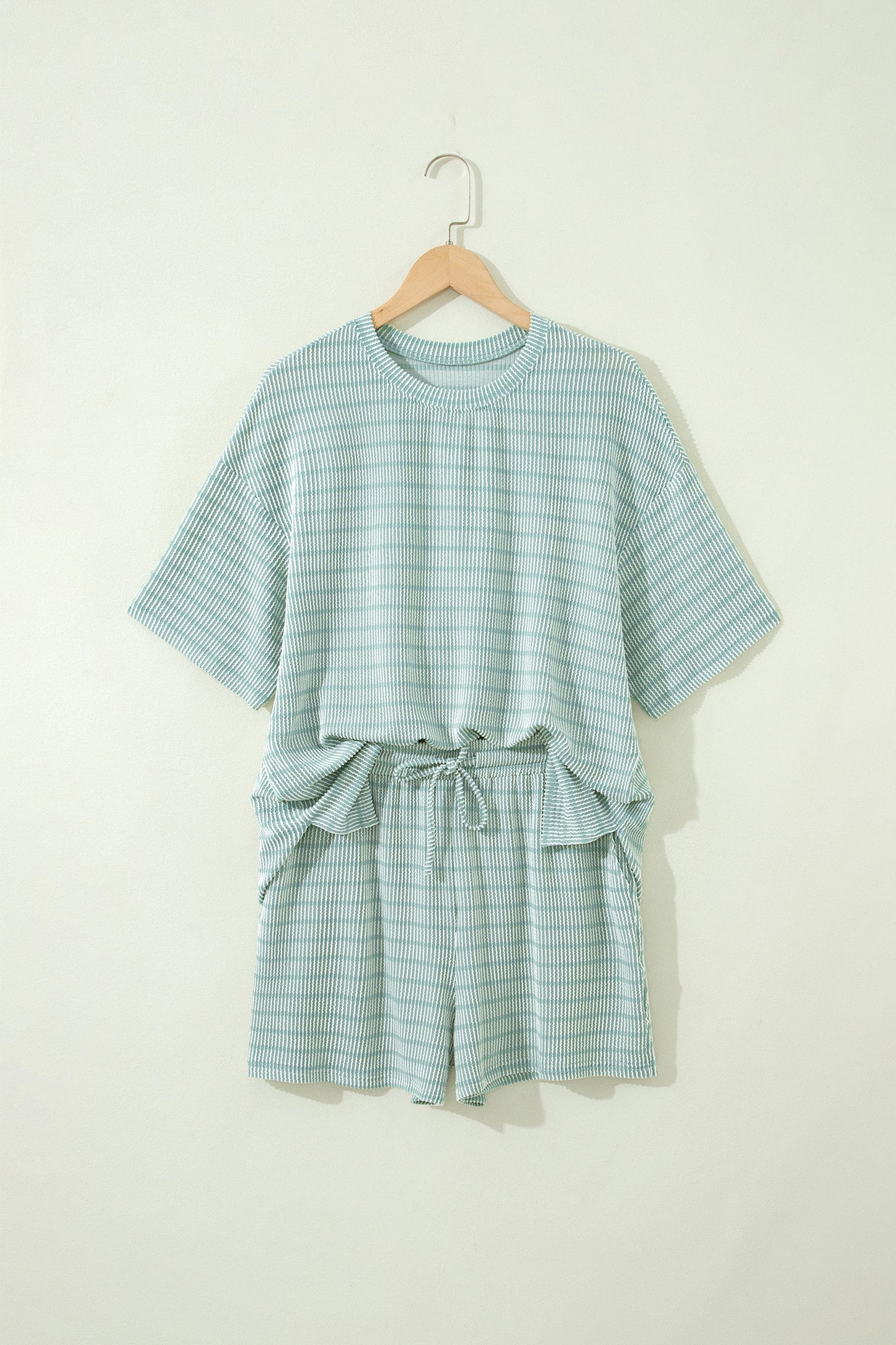 Sky Blue Stripe Raised Rib Loose Tee Drawstring Elastic Waist 2pcs Short Set