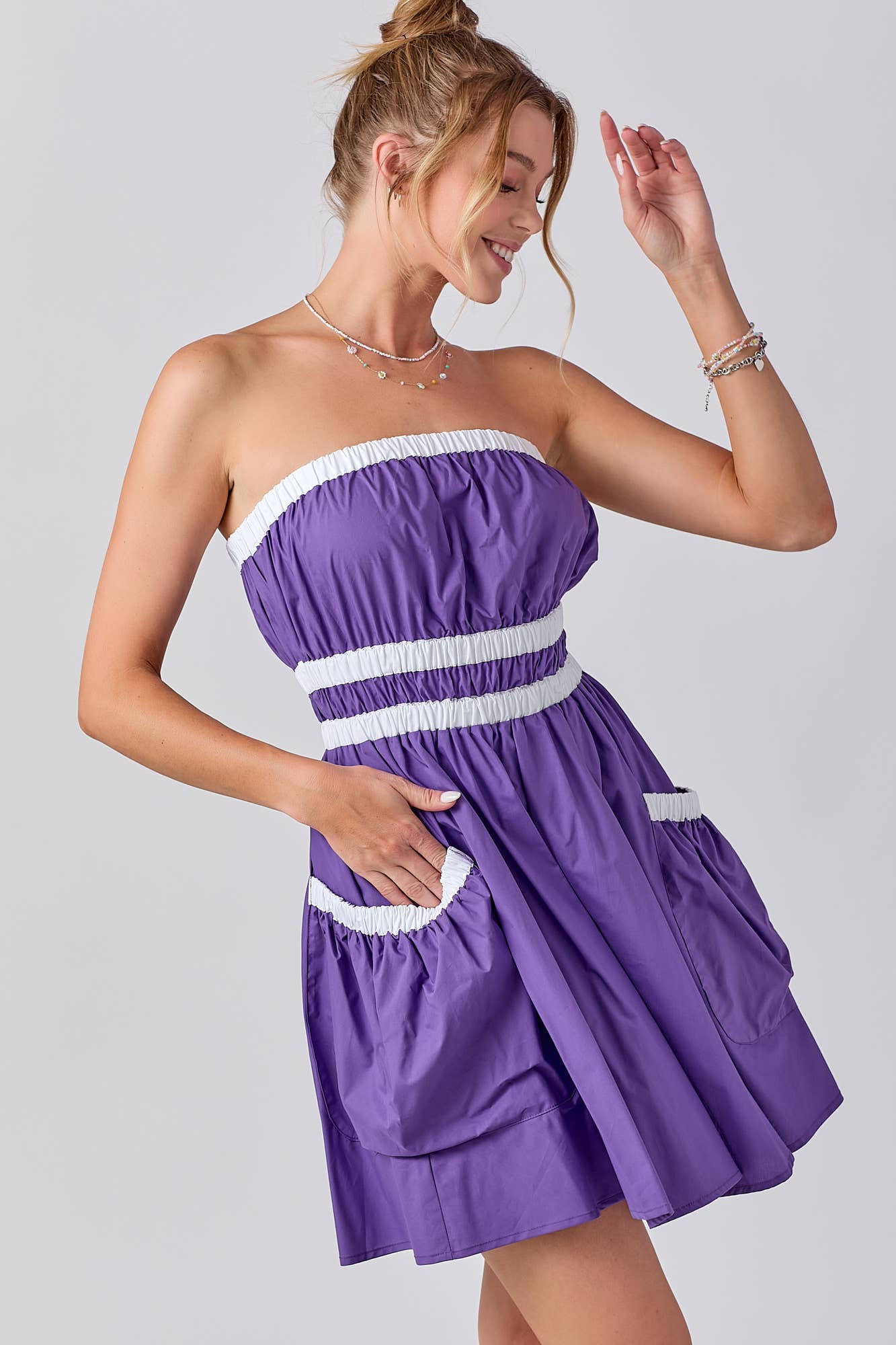 Gameday Contrast Gathered Over Sized Pocket Tube Dress : PURPLE / M