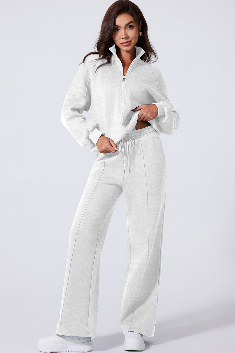 Light Grey Drop Shoulder Zip Up Jacket Drawstring Pants Active 2pcs Set