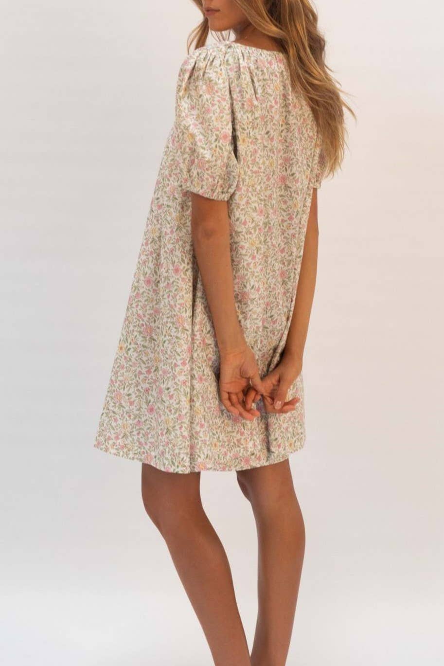 Rose Bloom Floral Red Gingham puff sleeve babydoll dress: Red / L