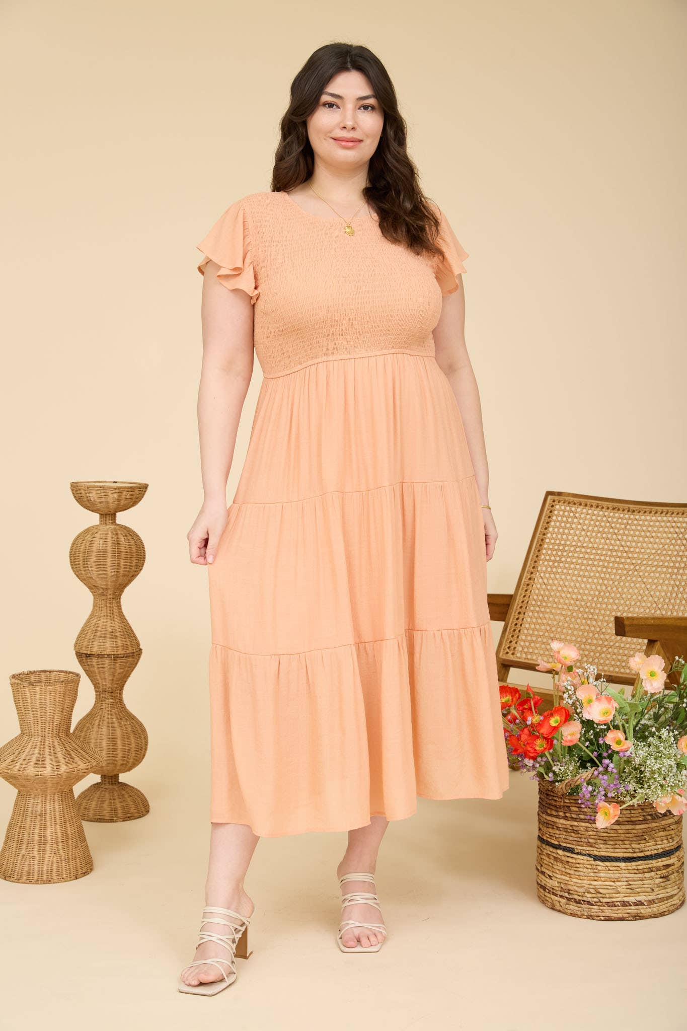 PLUS TIERED SMOCKED SHORT SLEEVE MIDI DRESS