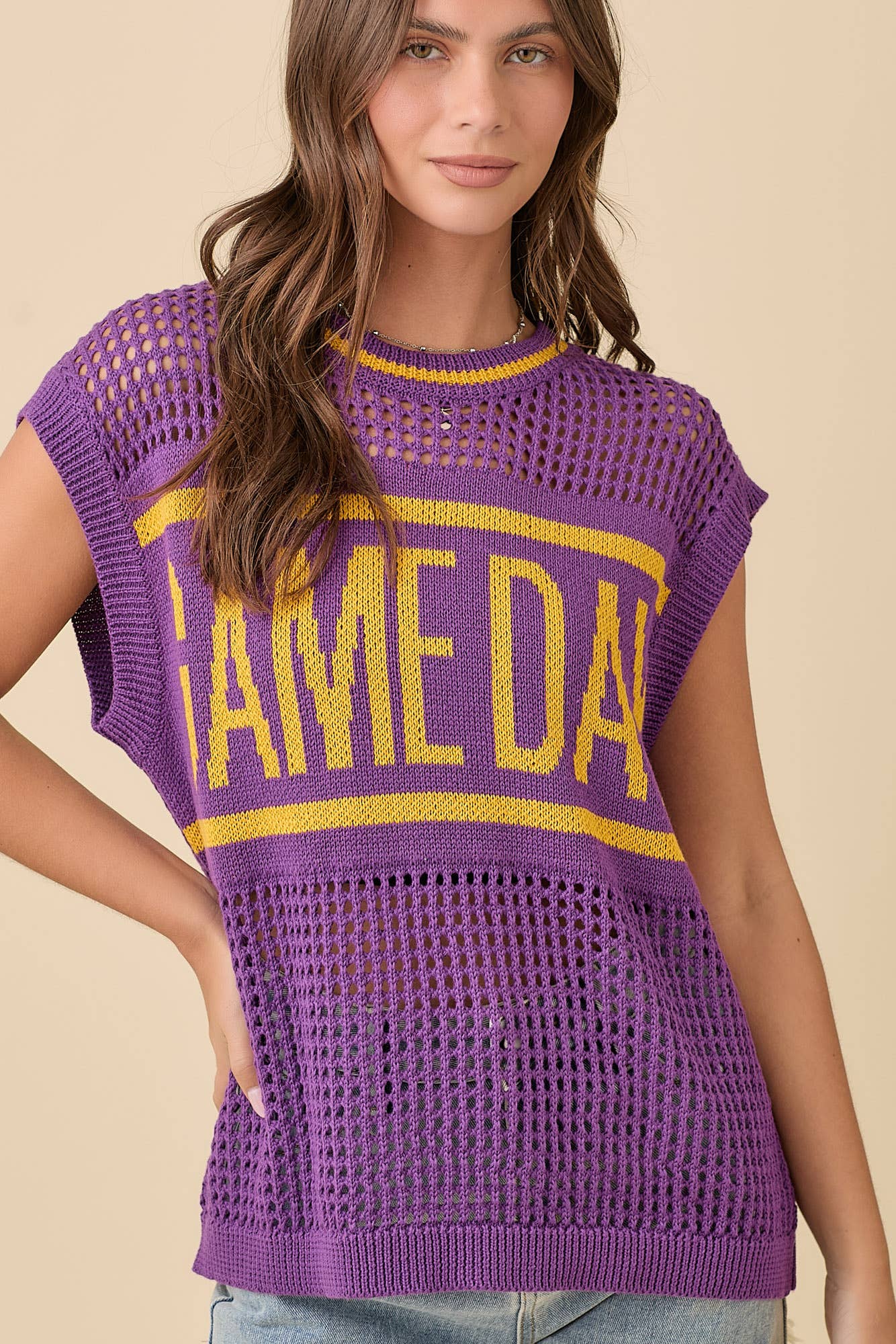 Game Day Oversized Drop Shoulder Crochet Sweater Knit Top: BLACK / L