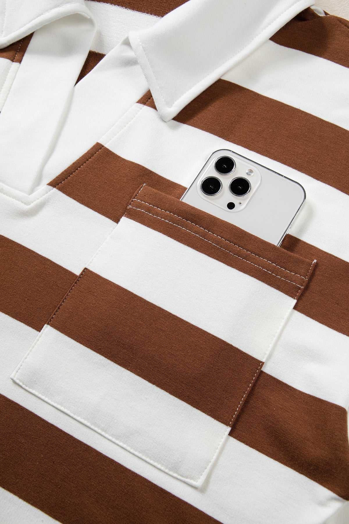 Brown Stripe Contrast Collar 3/4 Sleeve Oversized Casual Top