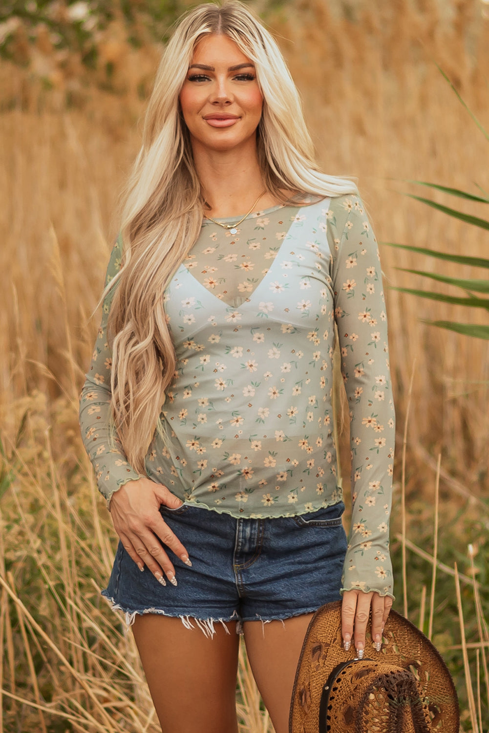 Sky Blue Vintage Floral Print Southern Style Mesh Long Sleeve Top