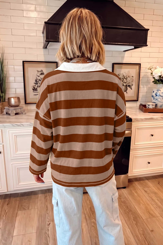 Brown Stripe Contrast Polo Top