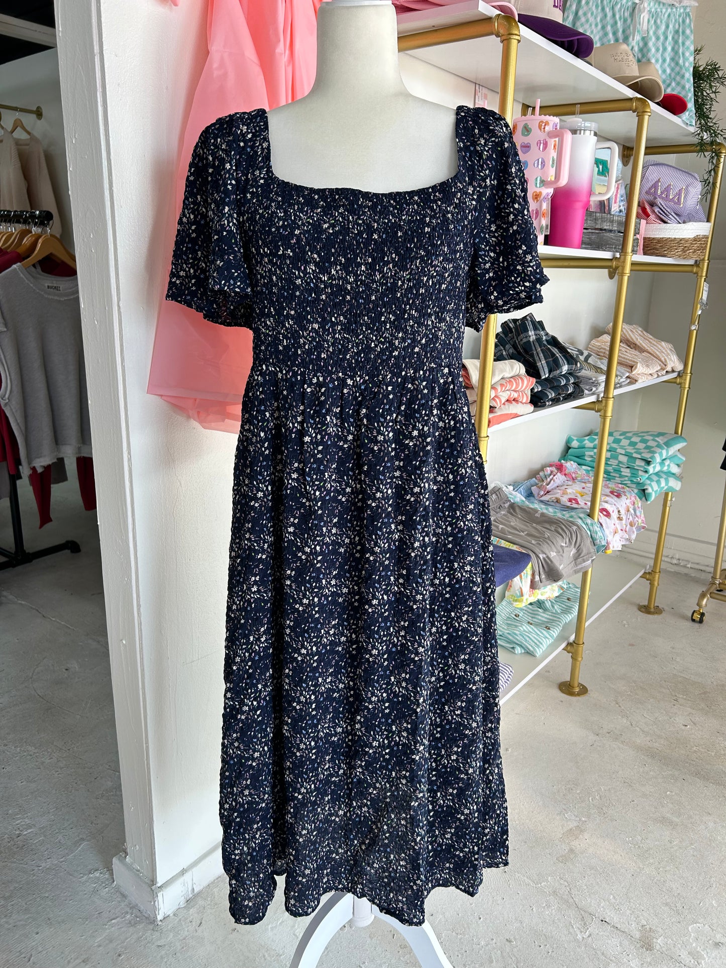 Navy blue flower dress smocked