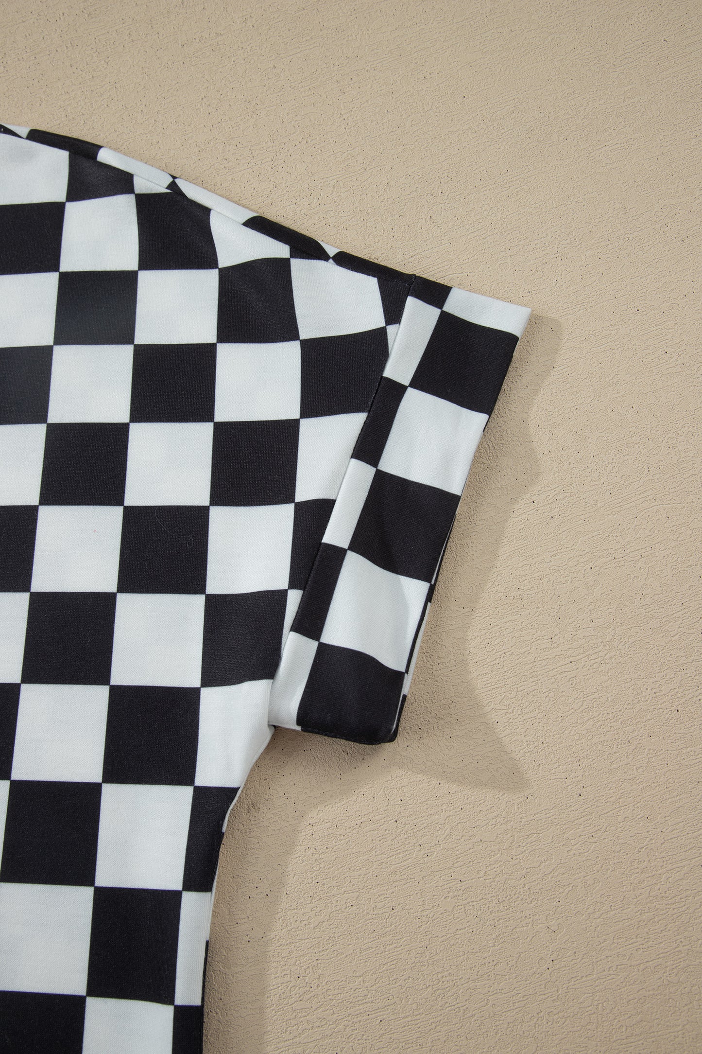 Pink Checkered Print Color Block Trim Mock Neck Short Set