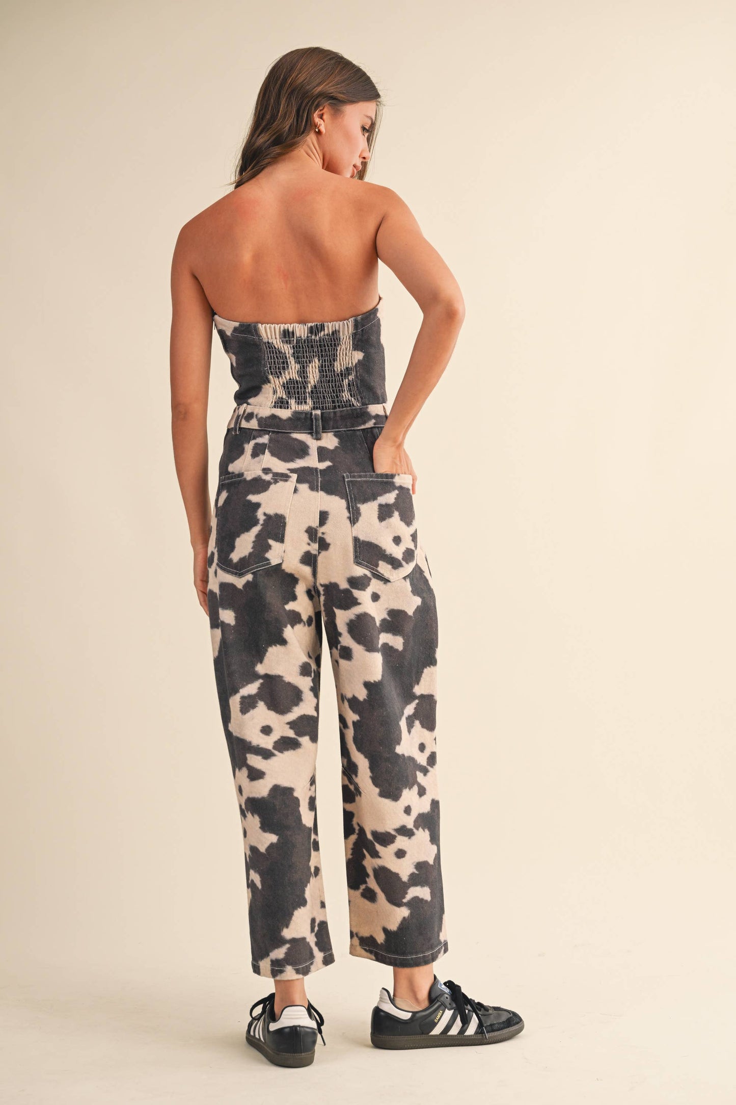 COW PRINT STRAPLESS BARREL PANTS JUMPSUIT