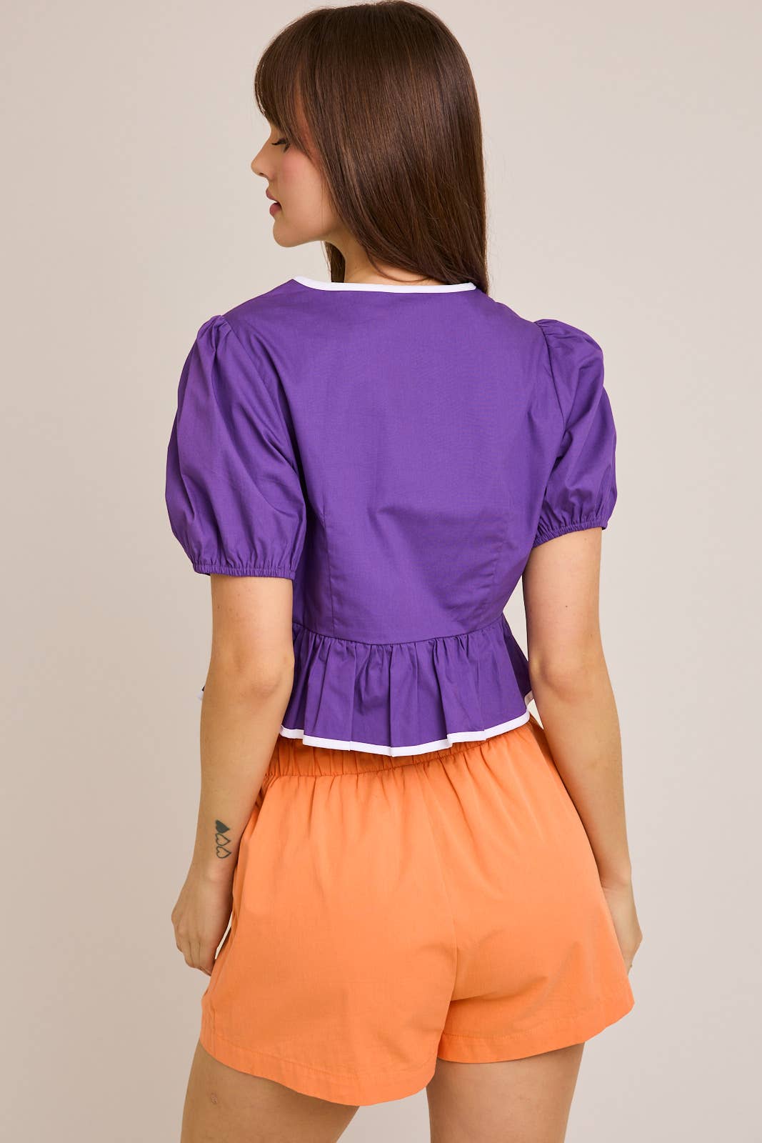 GAMEDAY PURPLE PUFF SHORT SLEEVE CONTRAST BOW DETAIL OPEN BLOUSE