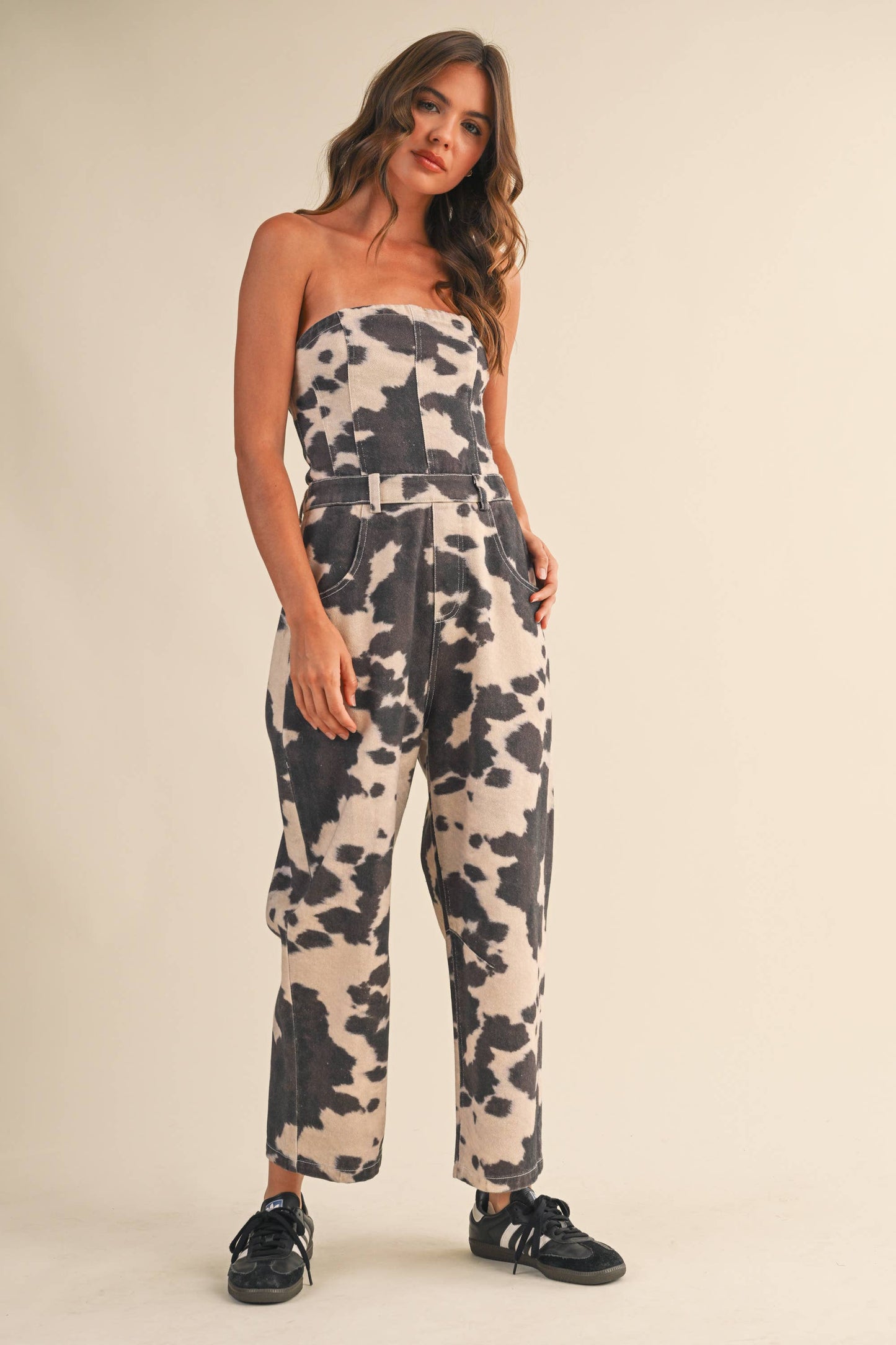 COW PRINT STRAPLESS BARREL PANTS JUMPSUIT