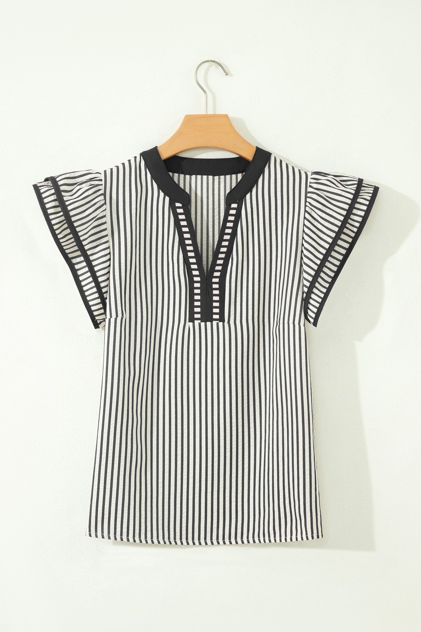 Black Stripe Double Ruffled Short Sleeve V Neck Blouse