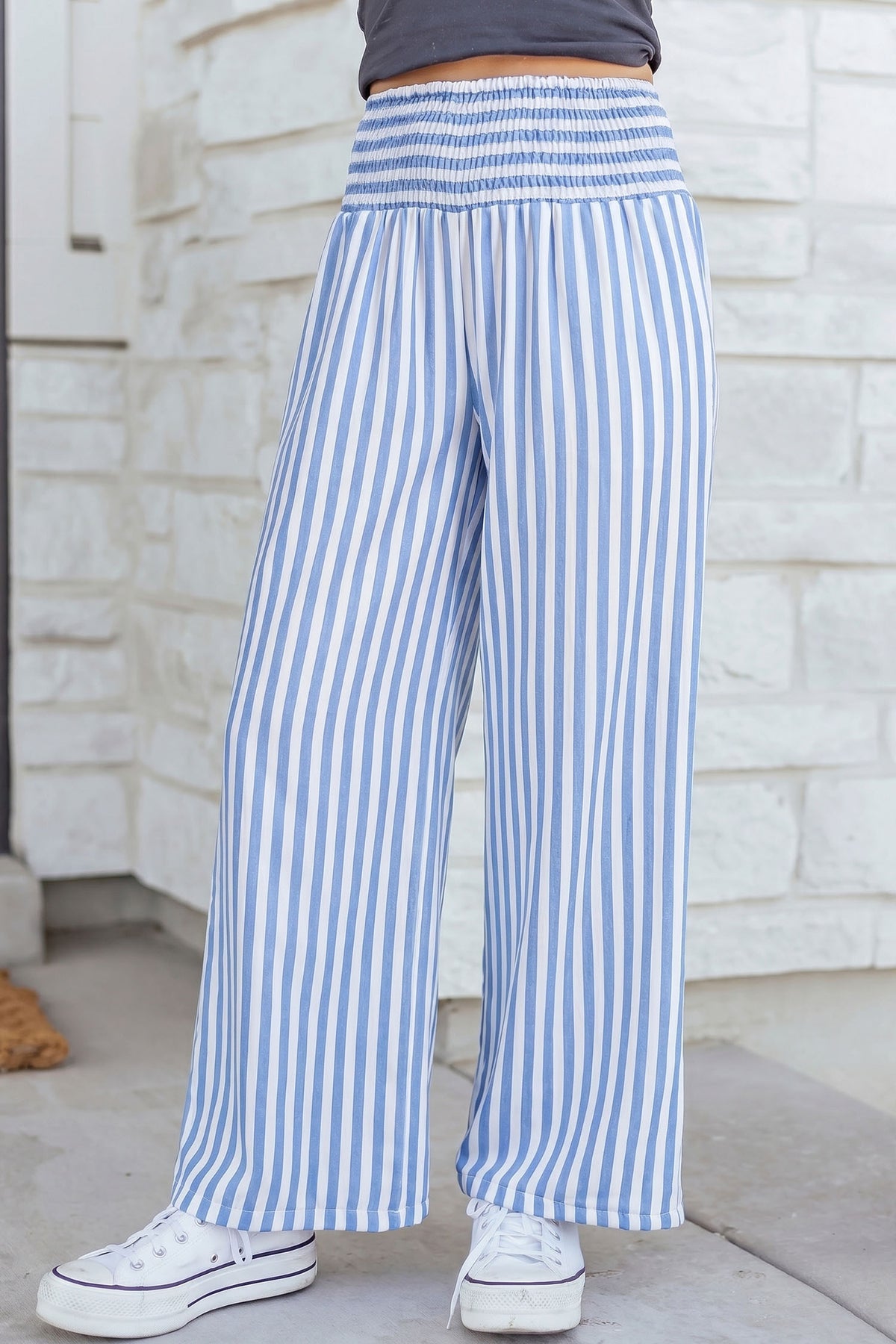 Black Stripe Shirred High Waist Loose Summer Pants