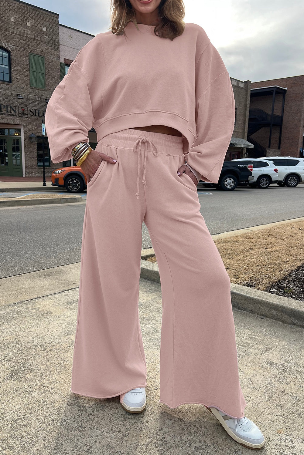 Mist Blue Drop Shoulder Puff Sleeve Crop Pullover Drawstring Wide Leg Pants Set
