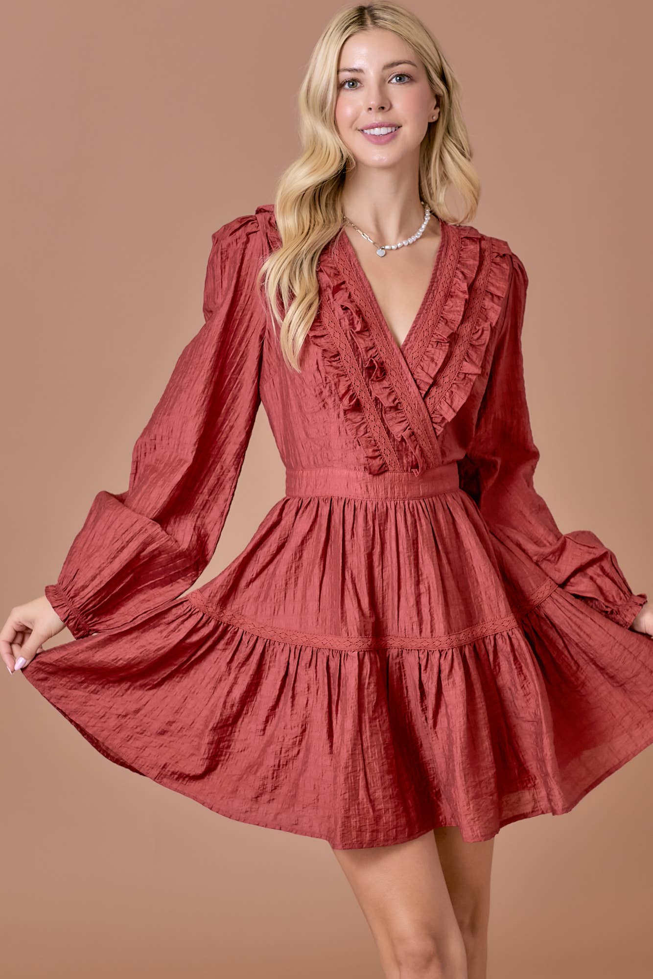 Surplice long sleeve dress with ruffle detailing: BLACK / M