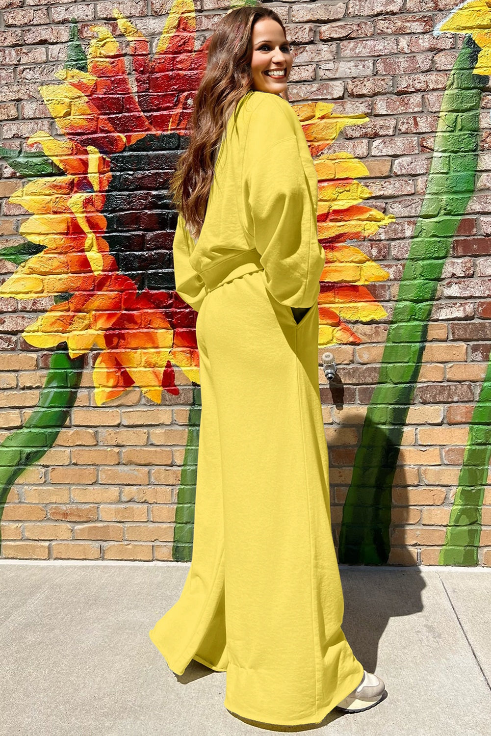 Mist Blue Drop Shoulder Puff Sleeve Crop Pullover Drawstring Wide Leg Pants Set