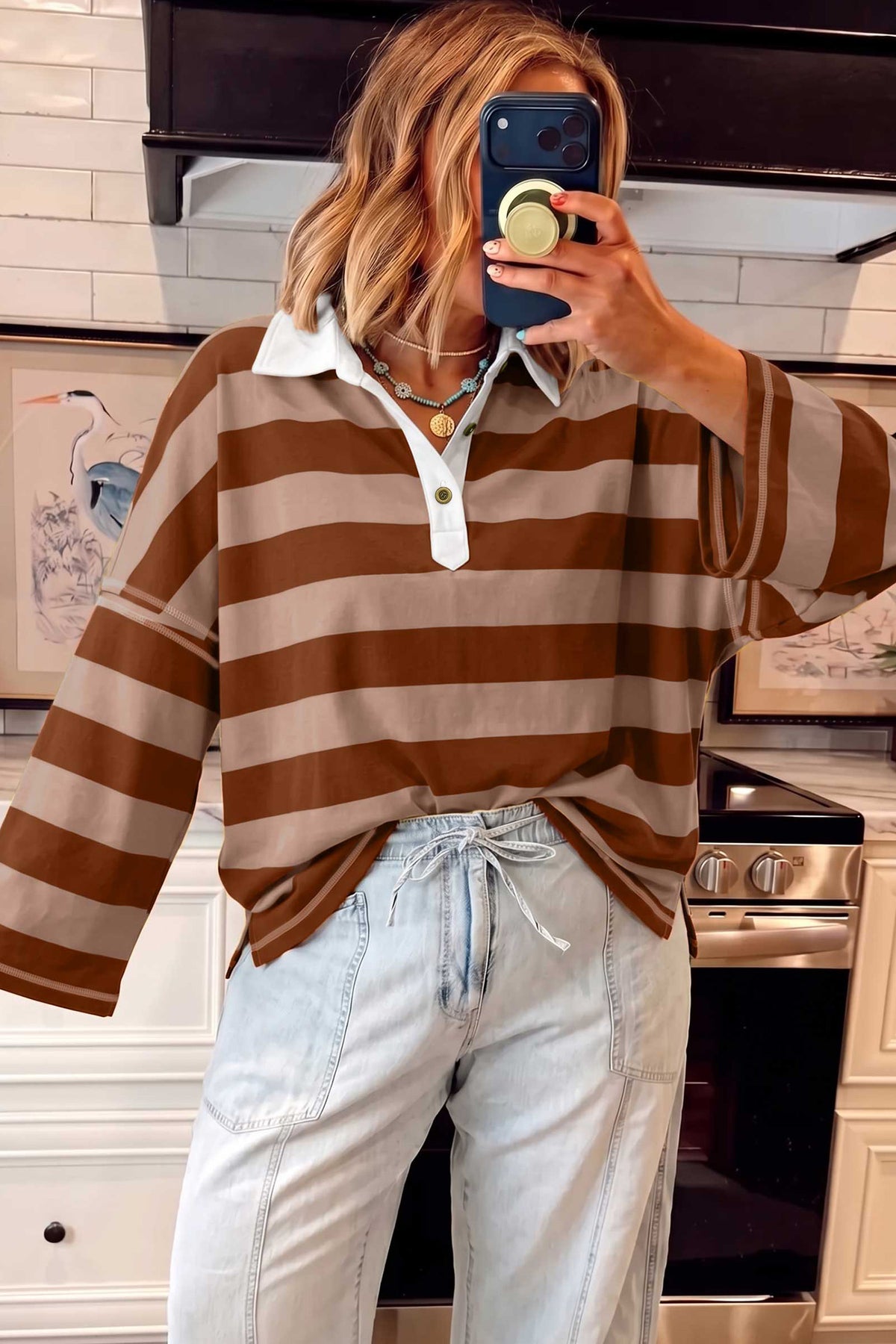 Brown Stripe Contrast Polo Top