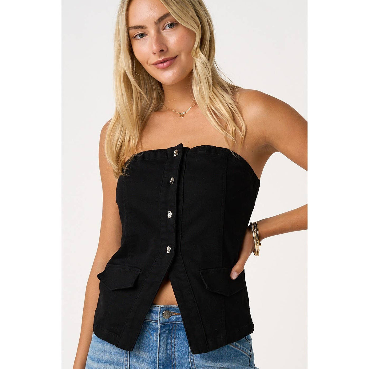 SPLIT HEM DENIM BUTTONED TUBE TOP