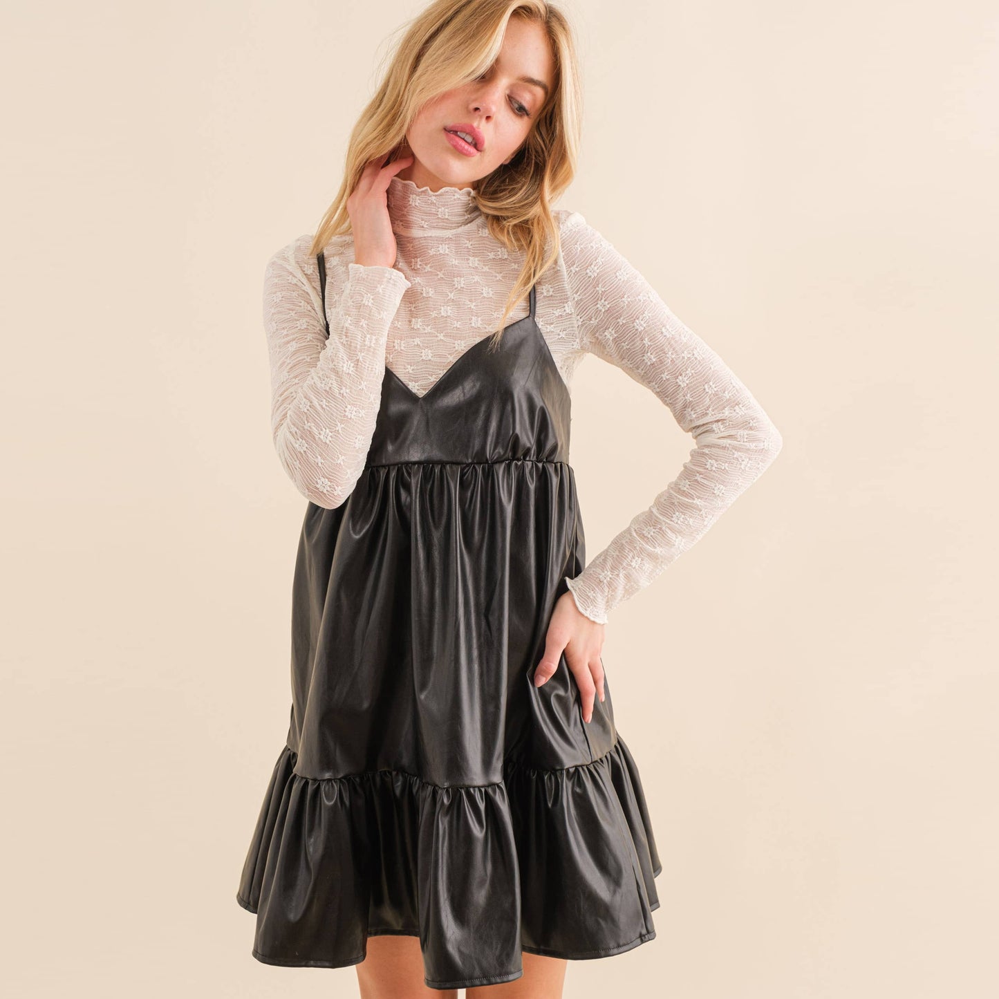 LEATHER MINI DRESS-HYD0055: Black