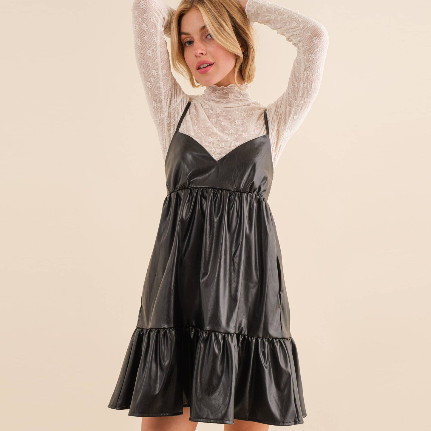 LEATHER MINI DRESS-HYD0055: Black