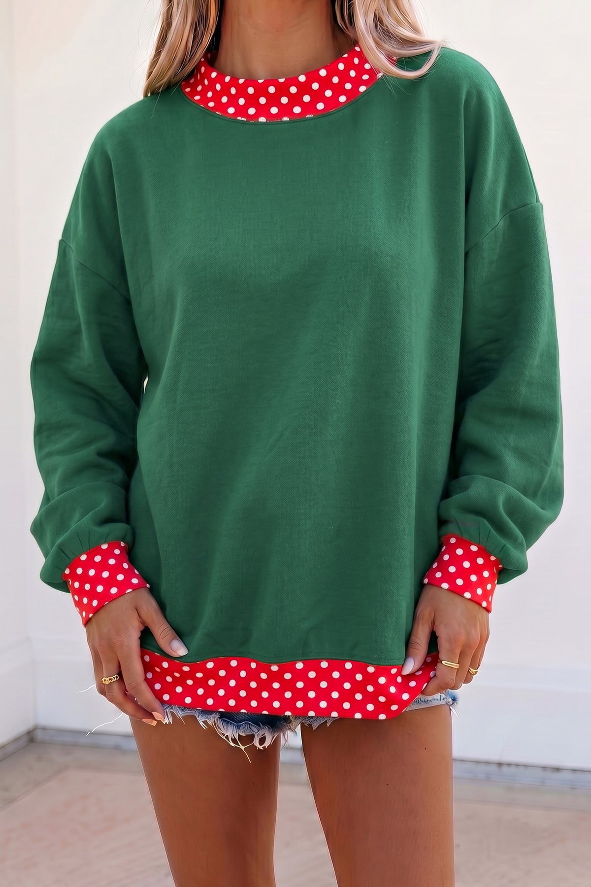 Dark Blue Colorblock Polka Dot Contrast Trim Oversized Sweatshirt