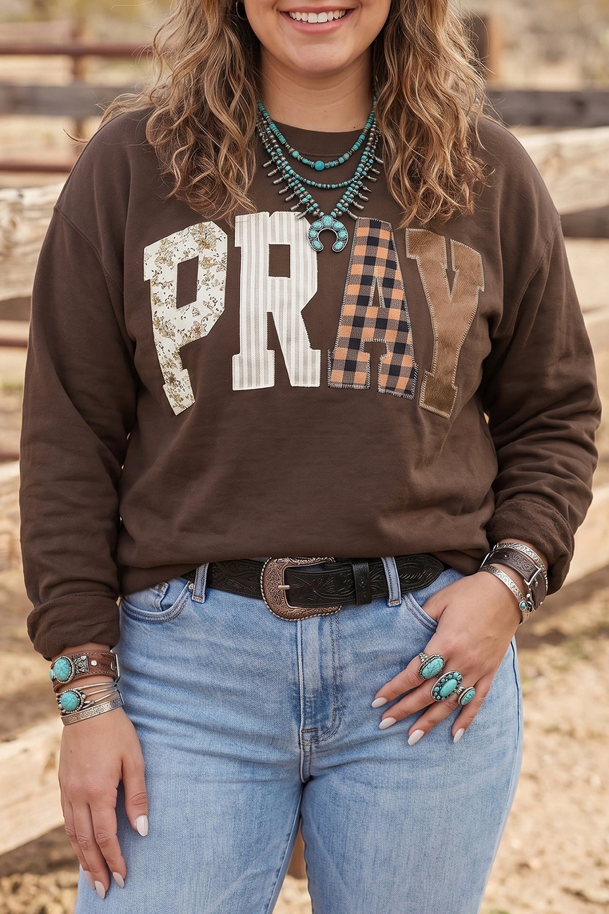 Gray PRAY Letter Patchwork Round Neck Long Sleeve Plus Size Sweatshirt