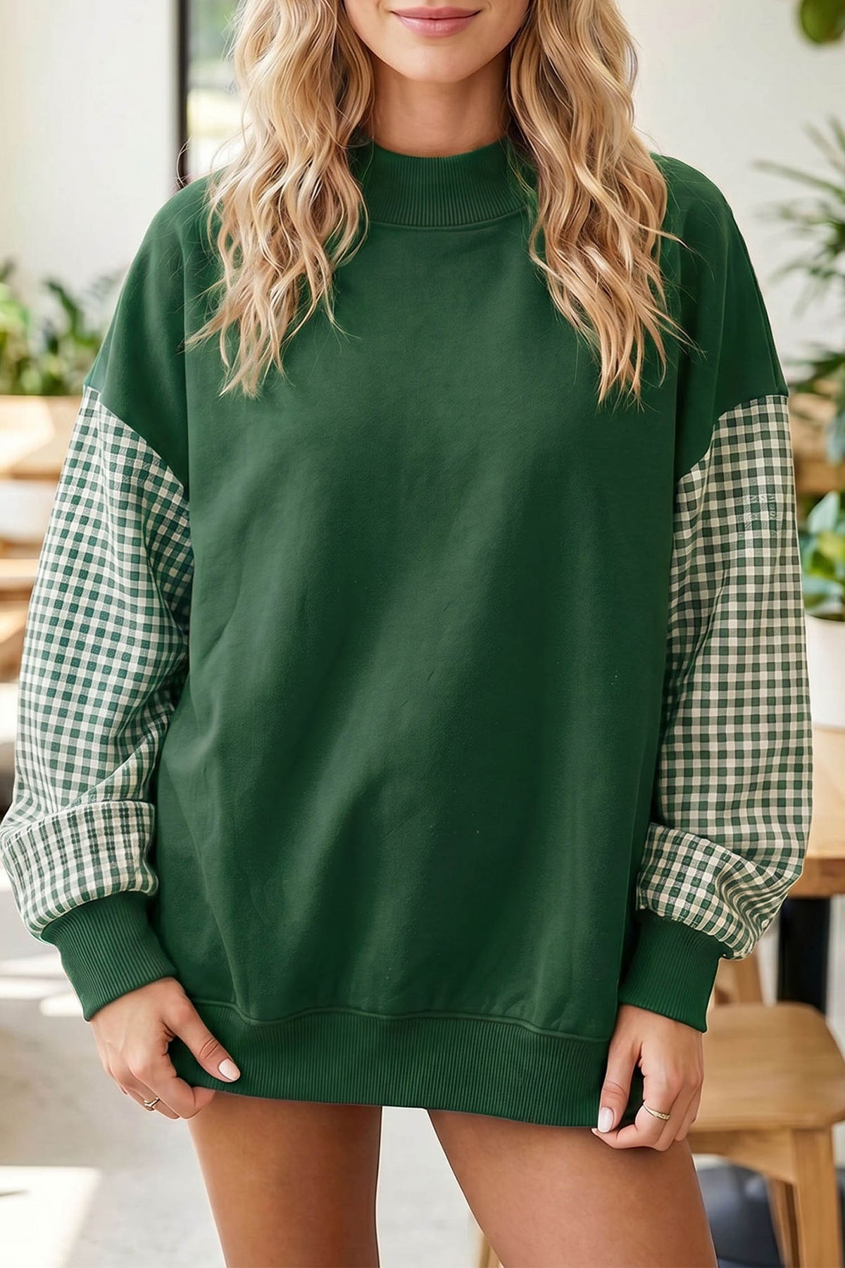 Navy Blue Plaid Sleeve Colorblock Loose Tunic Sweatshirt
