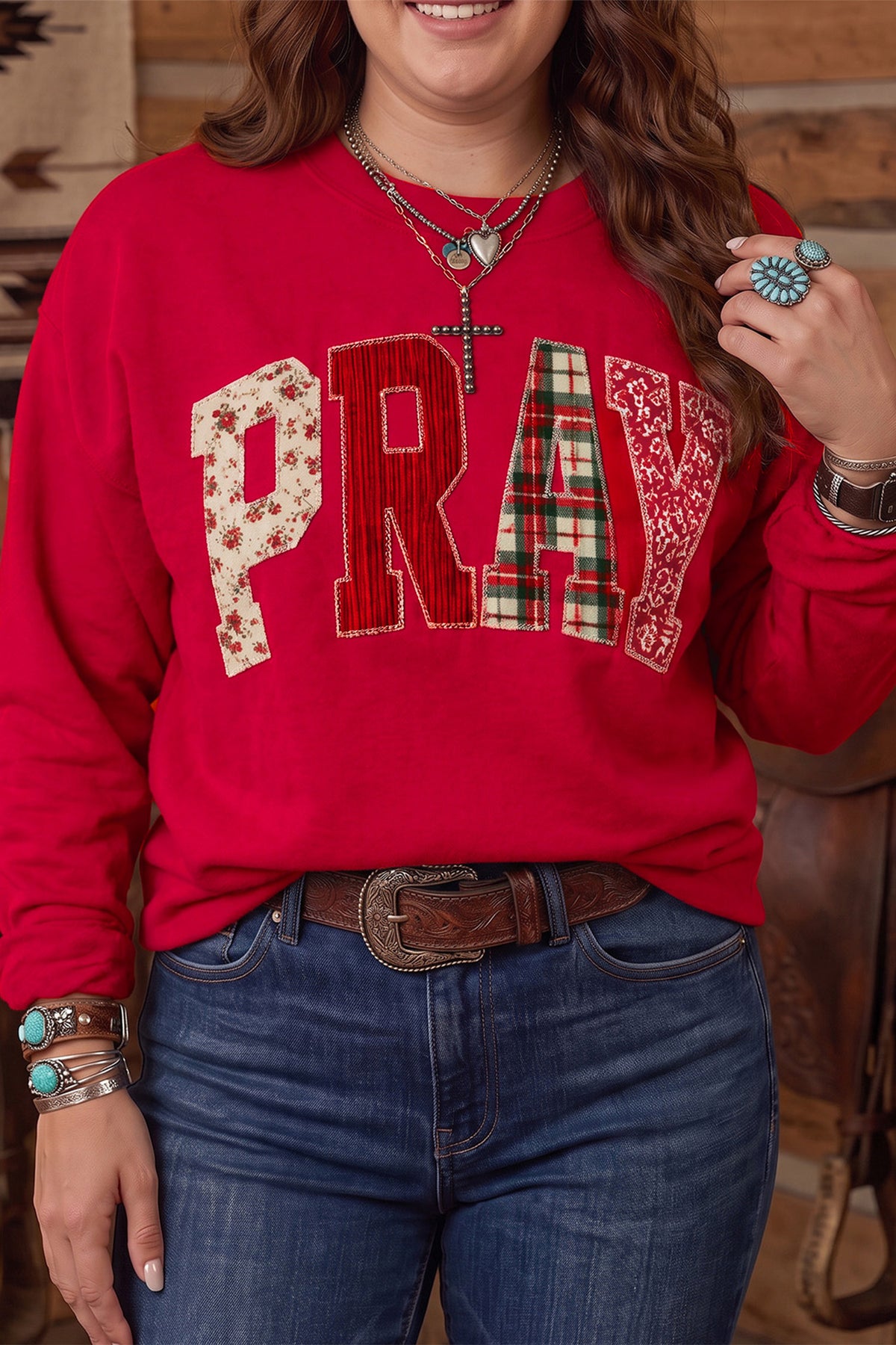 Gray PRAY Letter Patchwork Round Neck Long Sleeve Plus Size Sweatshirt