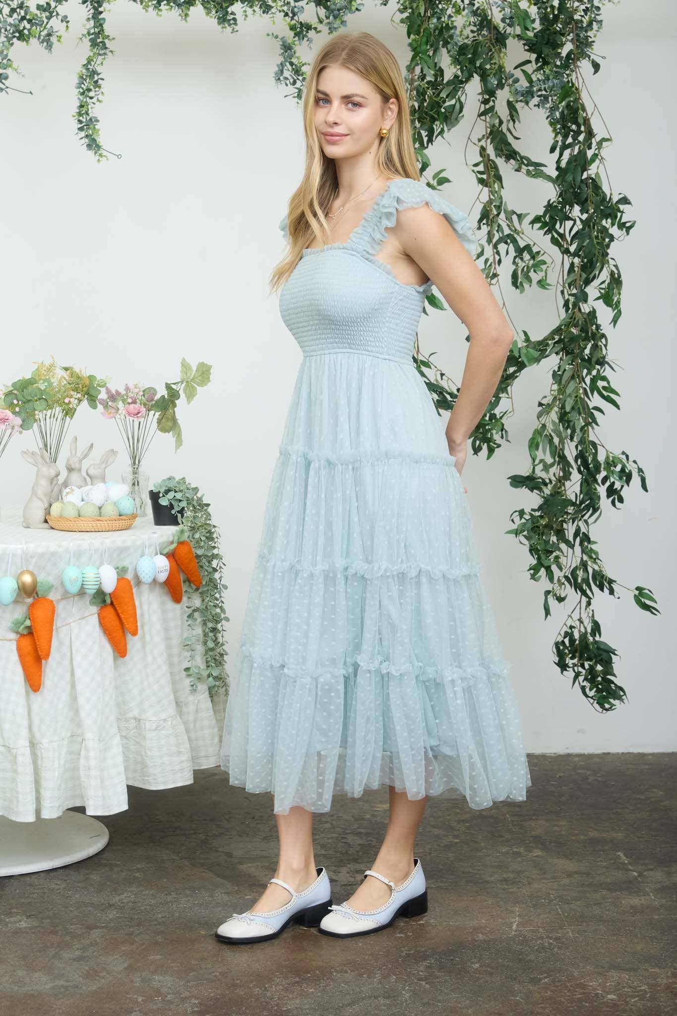 POLKA DOT CHIFFON SMOCKED TIERED MIDI DRESS