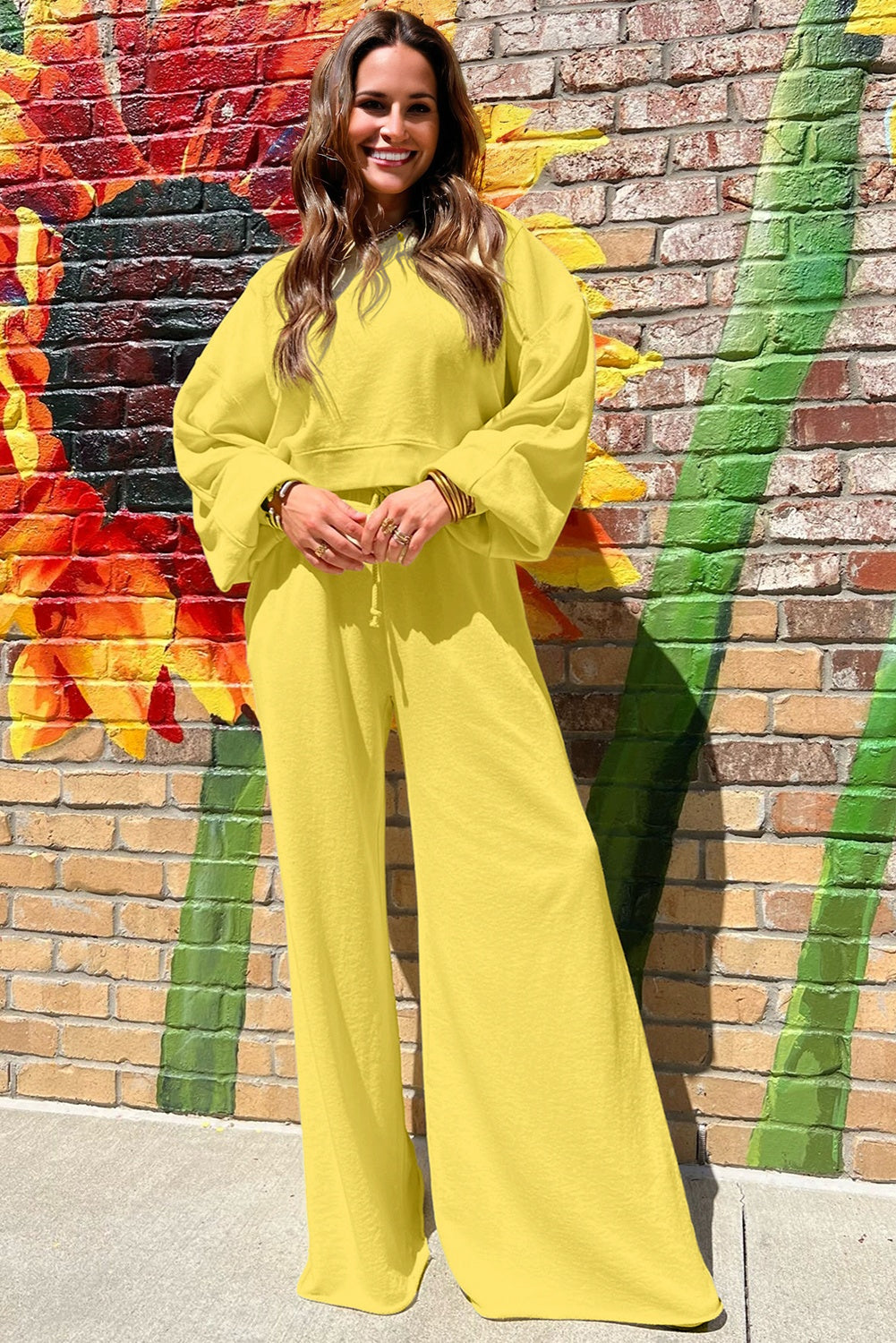 Mist Blue Drop Shoulder Puff Sleeve Crop Pullover Drawstring Wide Leg Pants Set