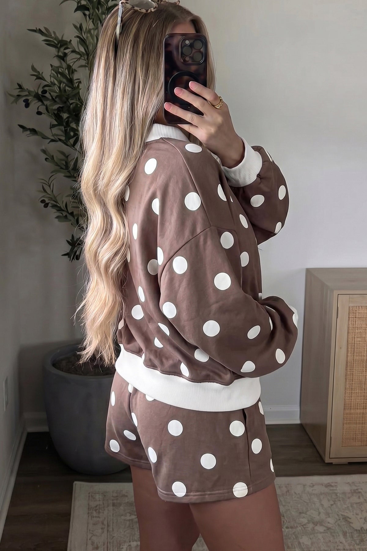 Yellow Polka Dot Ribbed Trim Long Sleeve Top Casual Short Set