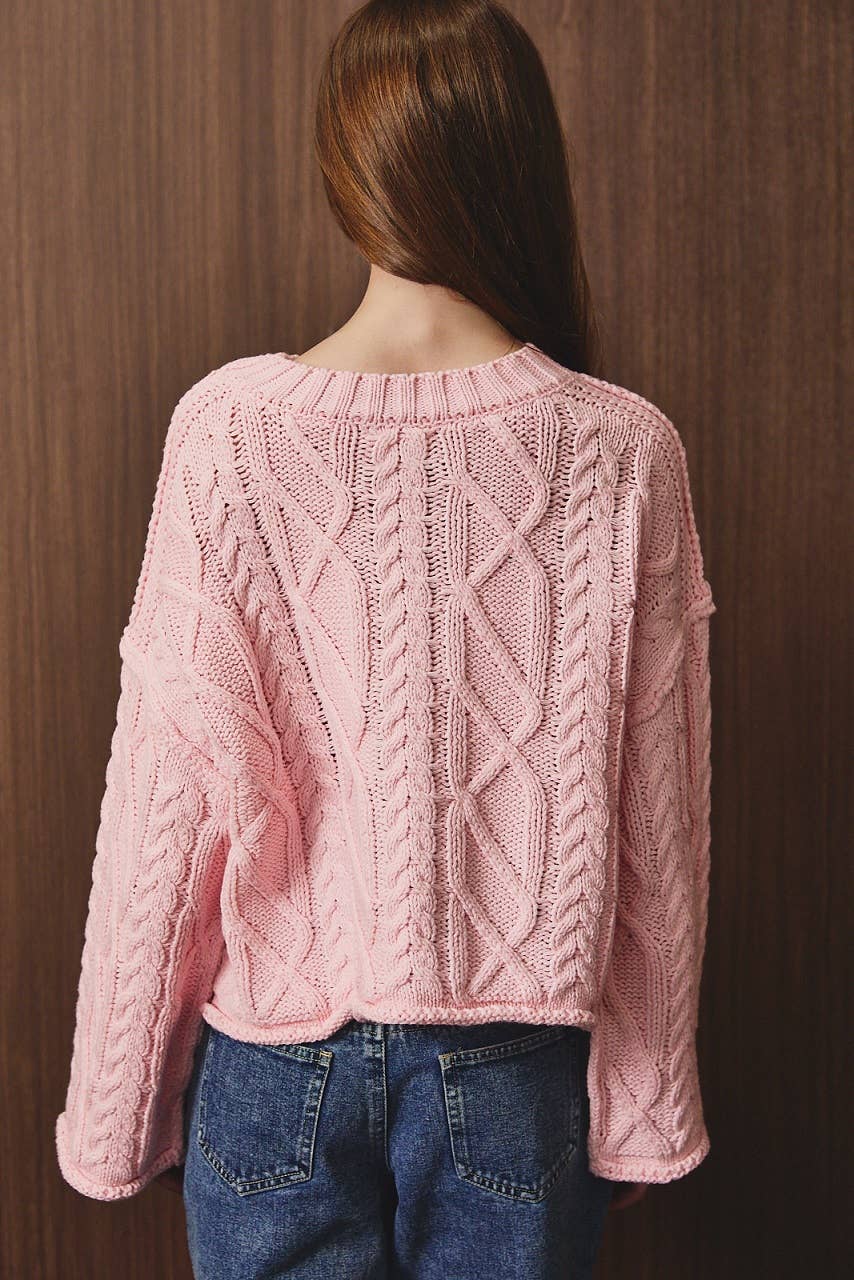 Oversized Cropped Cable Knit Crew Neck Sweater