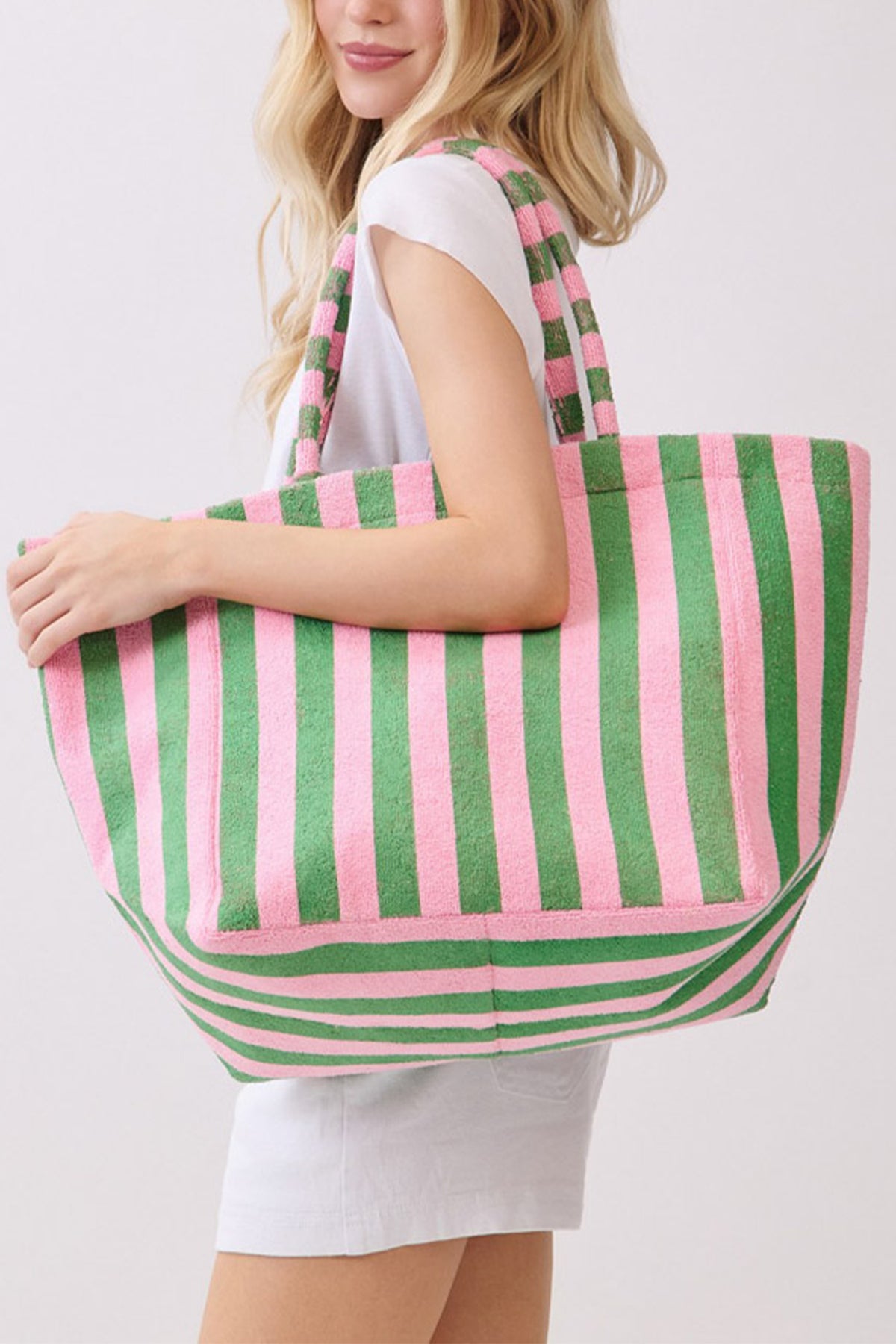 Dark Green Striped Terry Large Beach Tote Bag